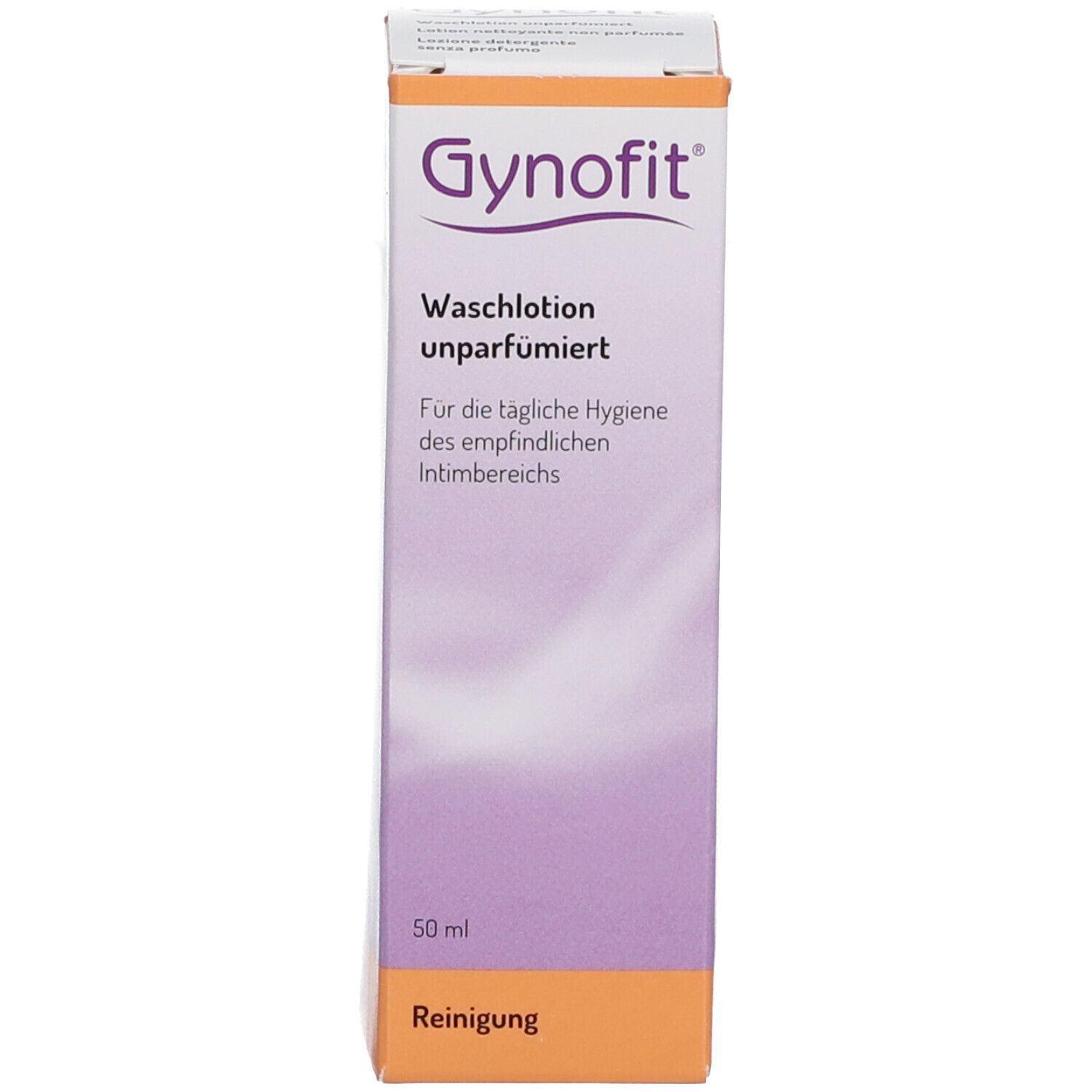 Gynofit-Waschlotion et emballage. Texte : Waschlotion unparfümiert, Pour l'hygiène quotidienne des zones intimes sensibles.