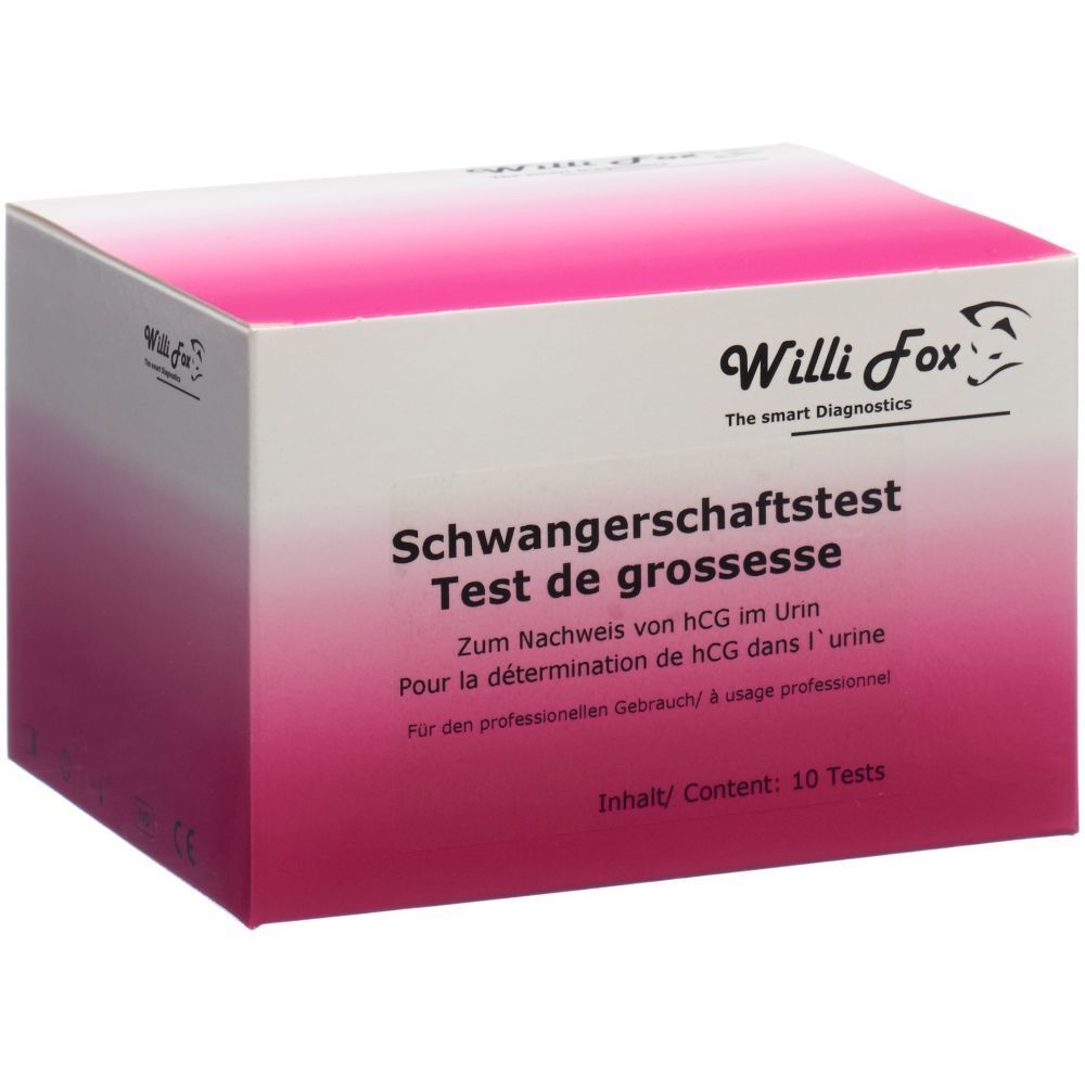 Boîte de test de grossesse Willi Fox. Design rose et blanc avec nom et logo. Contient 10 tests.