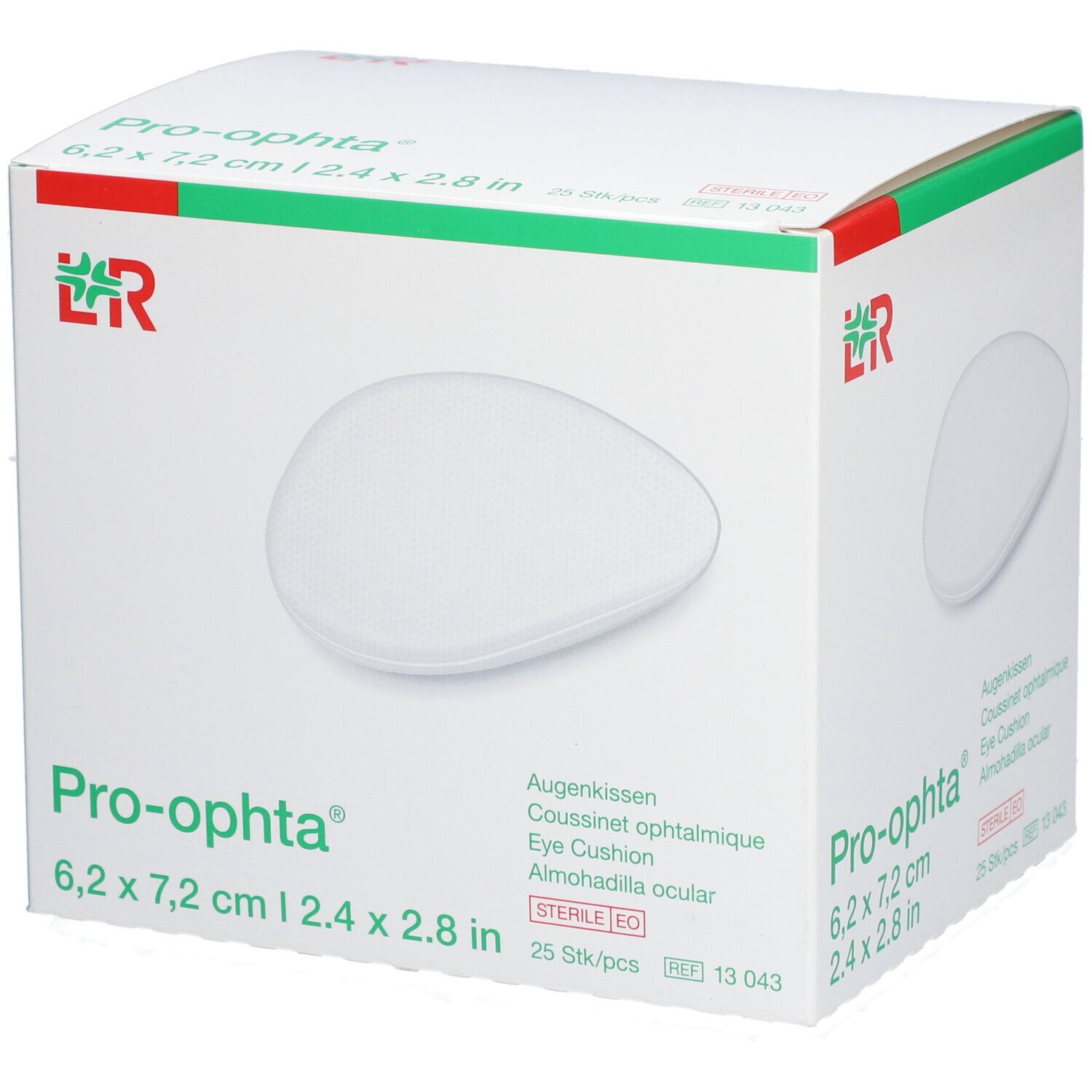 Karton mit Pro-optha Augenpads. Weiße, ovale Pads. Größe: 6,2 x 7,2 cm. Verpackung mit 25 Stück.