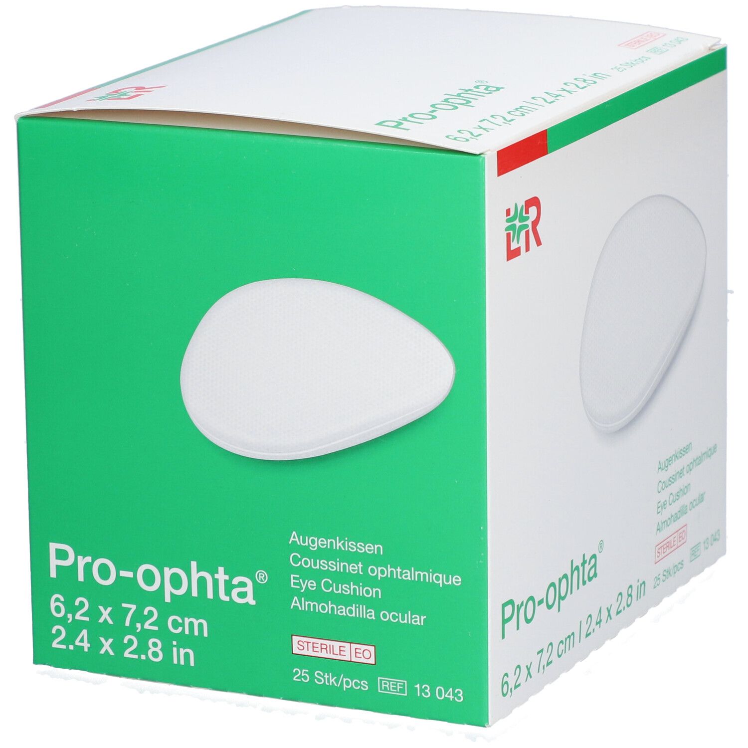 Grüne Schachtel mit Pro-optha Augenpads. Weiße, ovale Pads. Größe: 6,2 x 7,2 cm. 25 Stück.