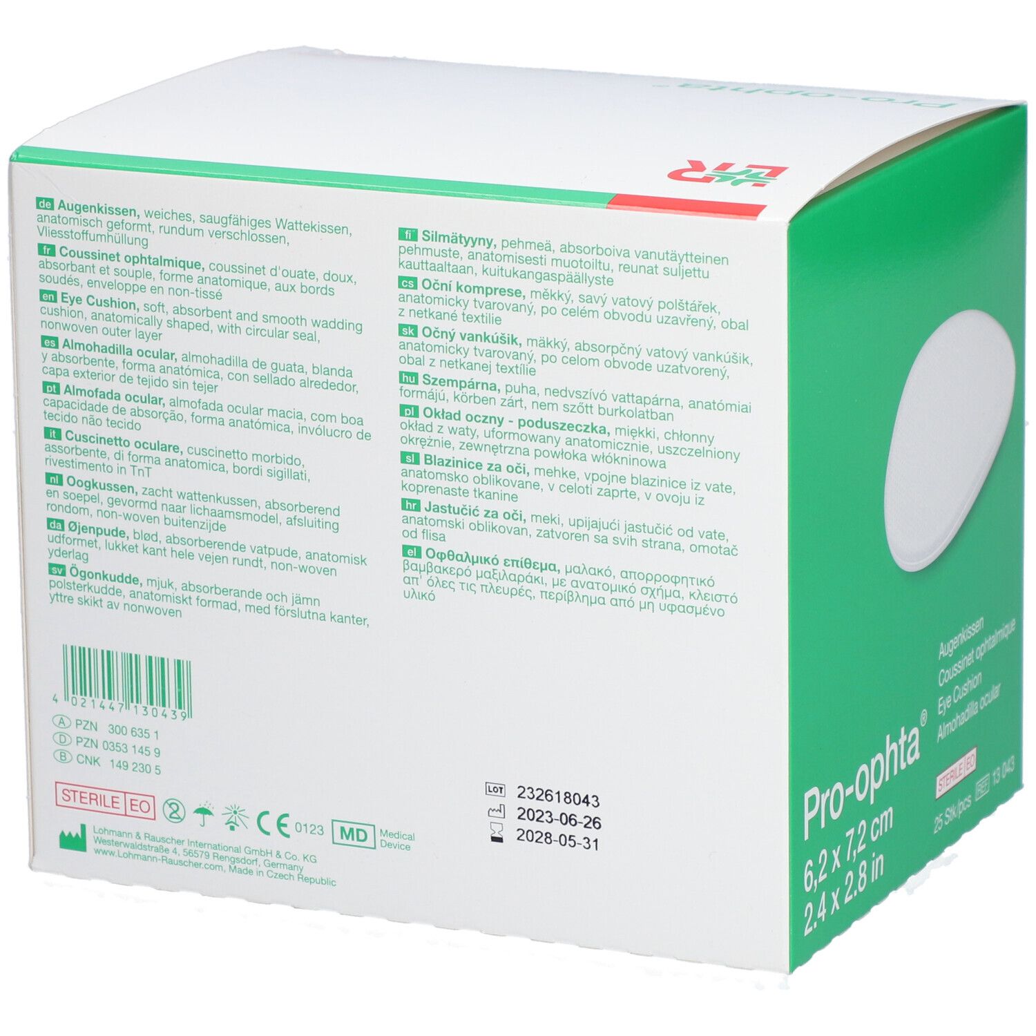 Rückseite der Pro-optha Augenpad-Verpackung. Mehrsprachige Produktinformationen. Größe: 6,2 x 7,2 cm.