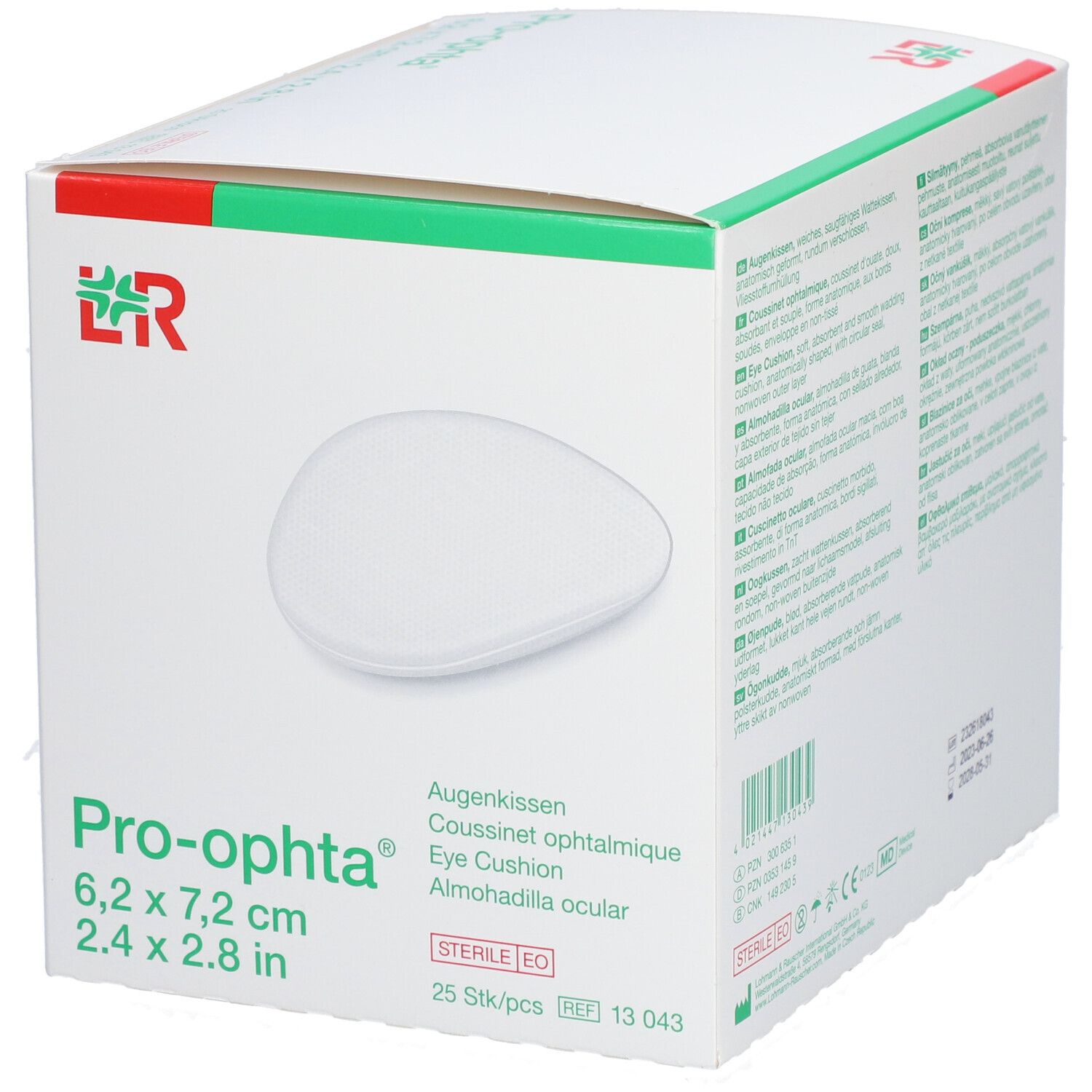 Schachtel mit Pro-optha Augenpads. Weiße, ovale Pads. Größe: 6,2 x 7,2 cm. 25 Stück.