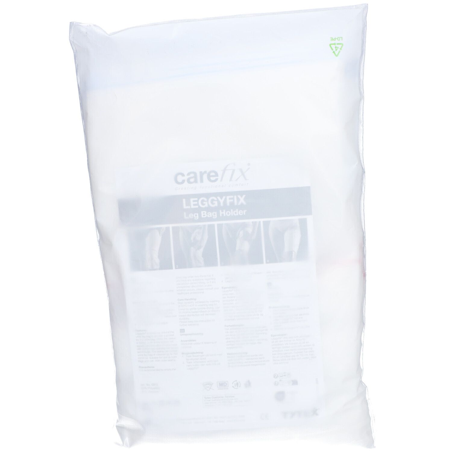Leggyfix Beinbeutelfixierung M in Folienverpackung. Aufdrucke: carefix, Produktabbildungen, Text.