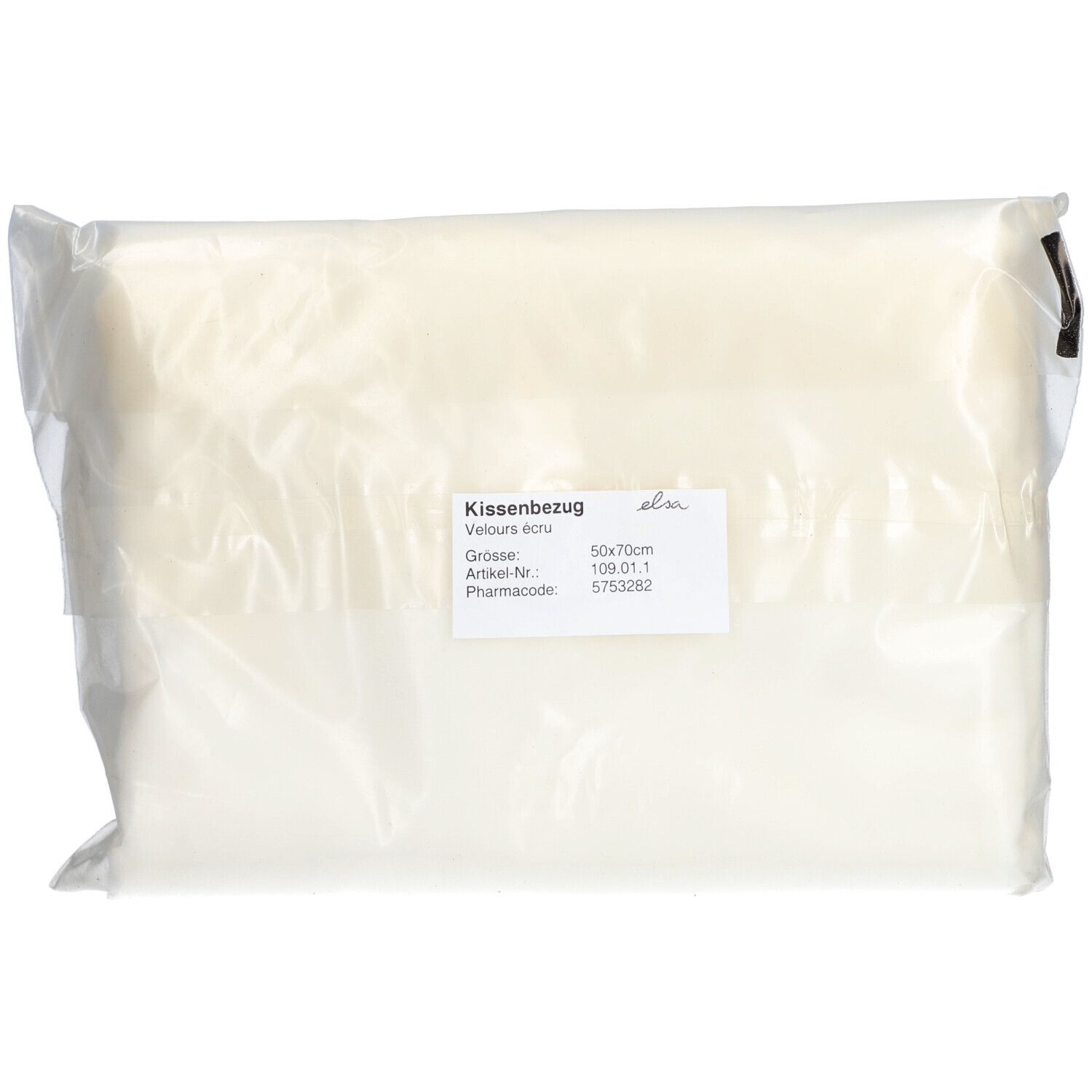 Kissenbezug in Folienverpackung. Etikett mit Produktinformationen: Größe 50x70cm.