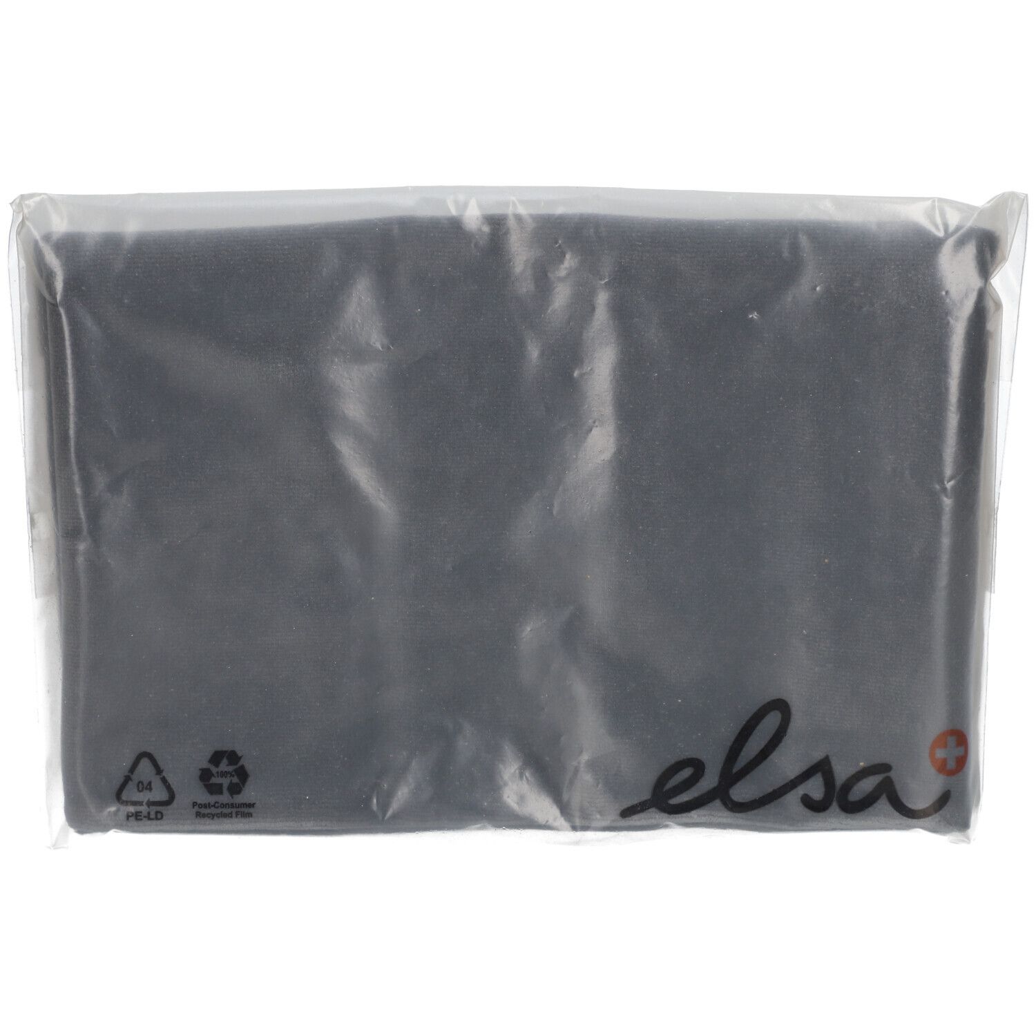 Antracietkleurige kussensloop in plastic verpakking. Merk: elsa. Recycling symbool.