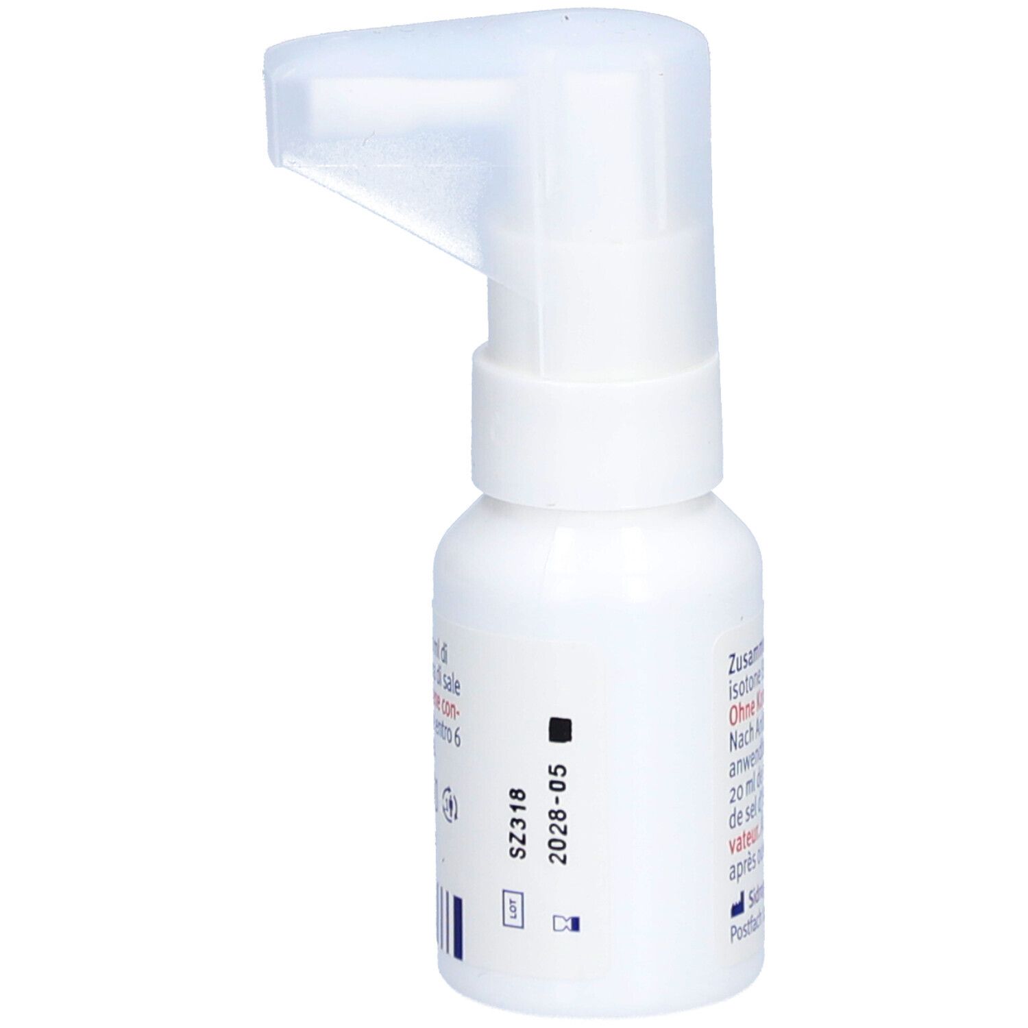 Weiße Sprühflasche. Aufdruck: S2318, 2028-05. QR-Code und weitere Symbole.