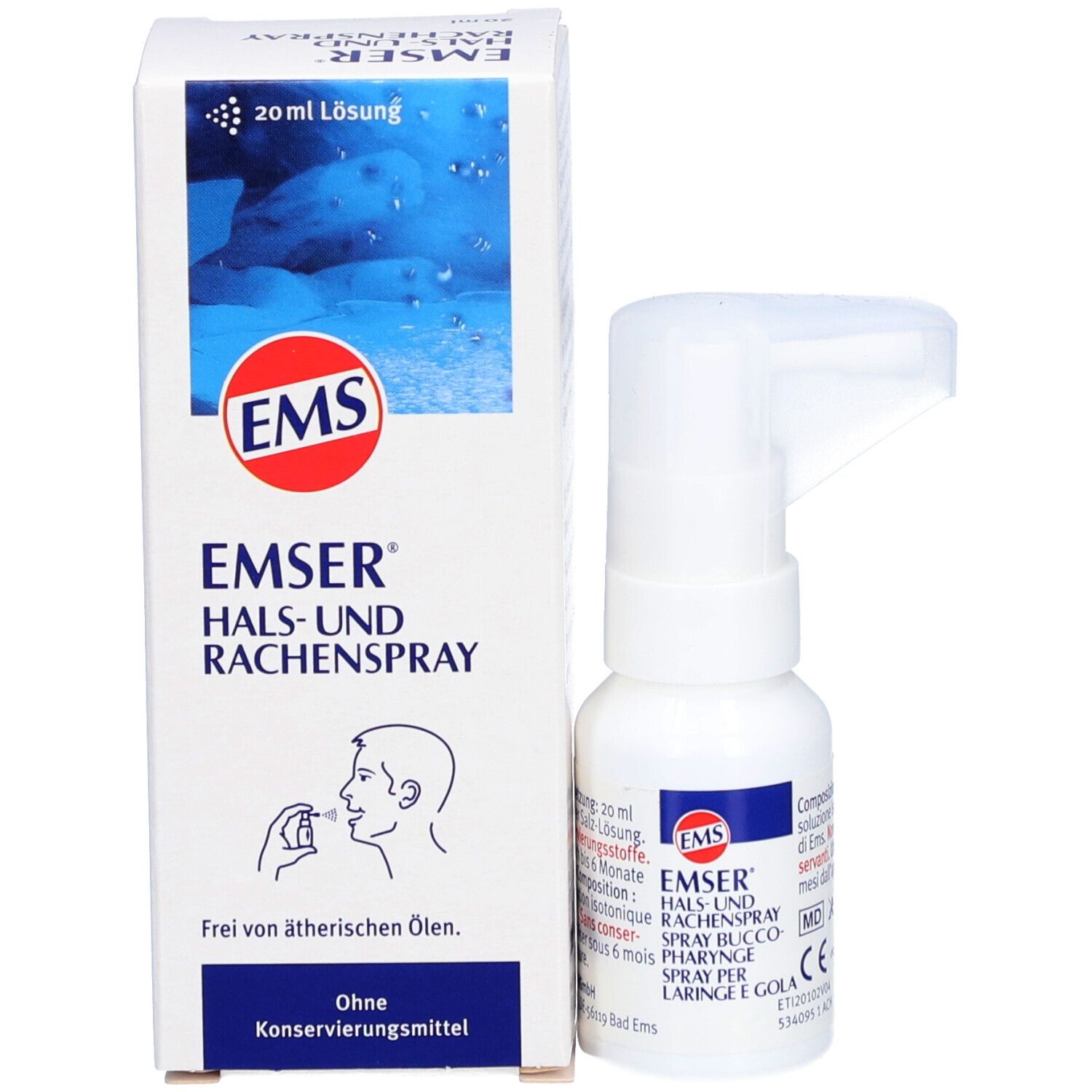 Produkt und Verpackung. Weiße Flasche und Karton. Beschriftung: EMSER Hals- und Rachenspray. Illustration.