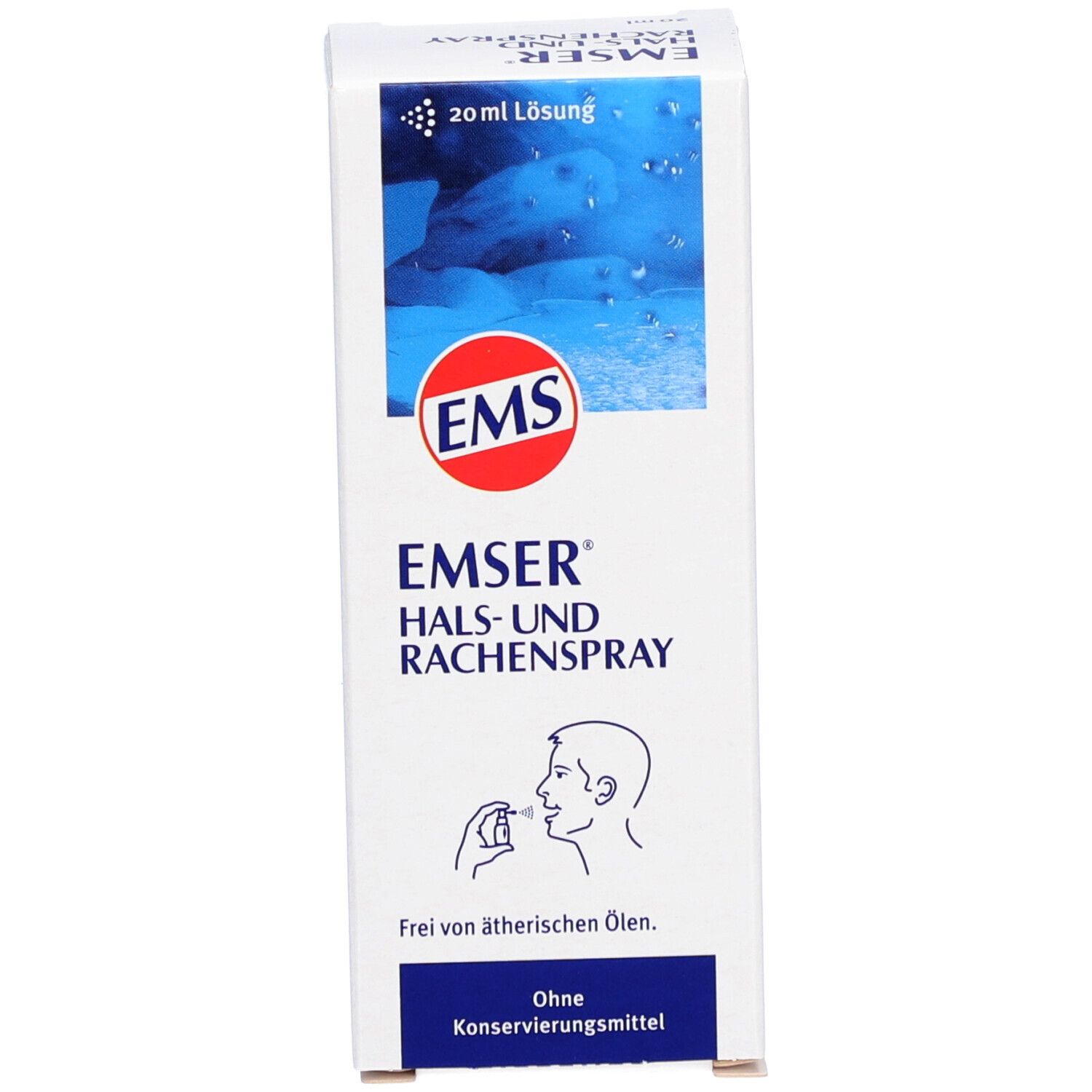 Verpackung. Weißer Karton. Beschriftung: EMSER Hals- und Rachenspray. Illustration.