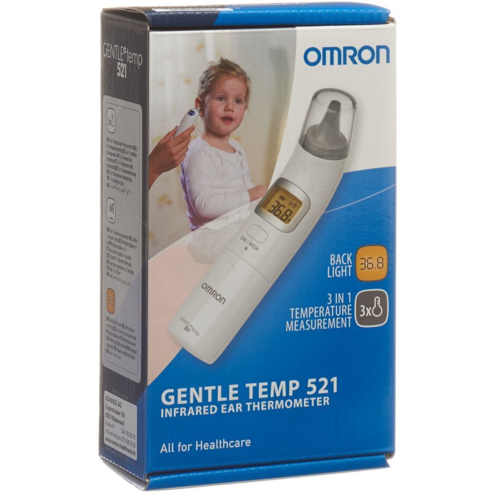Verpackung des Omron Gentle Temp 521. Auf der Verpackung ist ein Ohrthermometer abgebildet, das an einem Kind verwendet wird. Das Thermometer zeigt 36,8 Grad an.