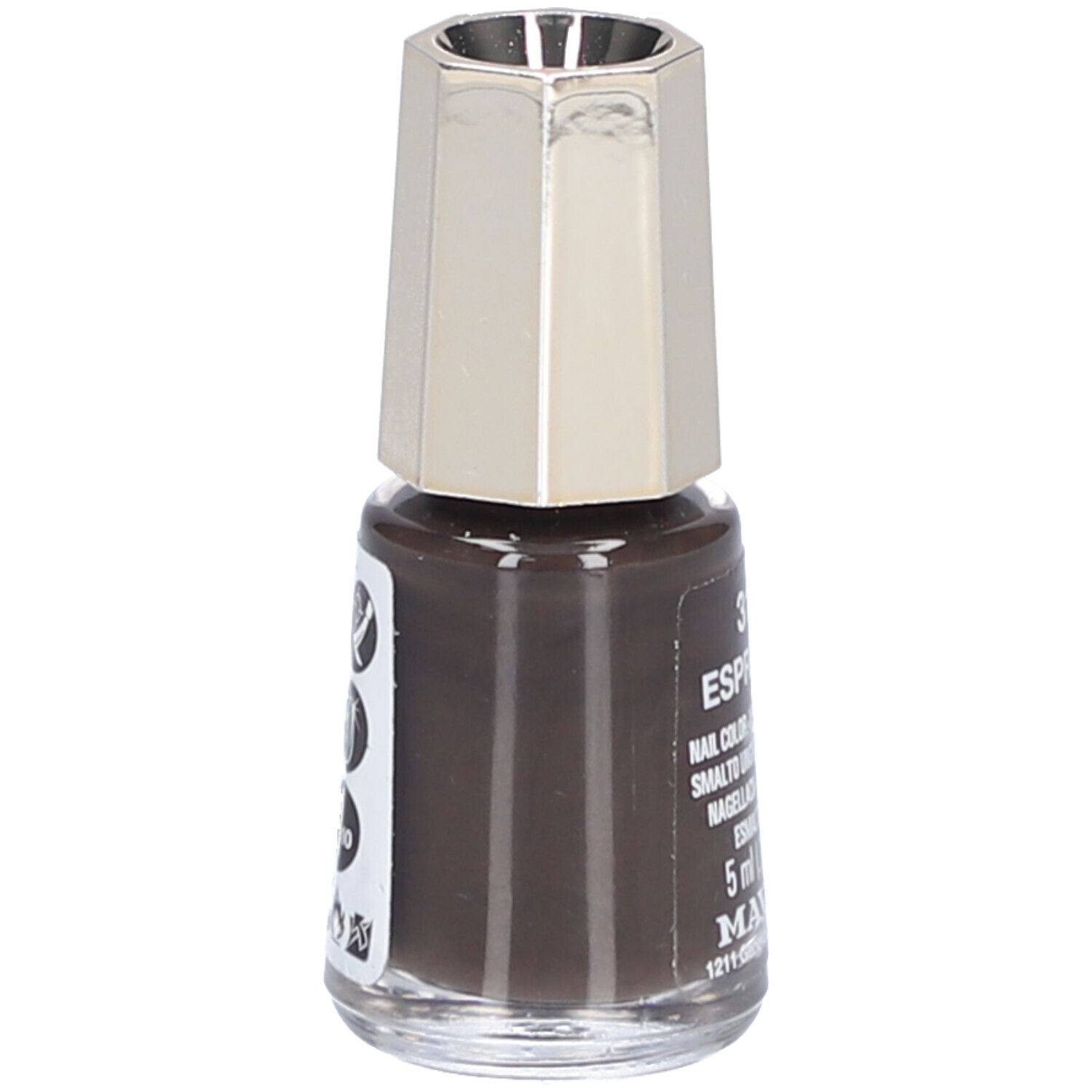 Nagellackflasche, braune Farbe, silberner Deckel. Aufkleber mit Text und Logos.