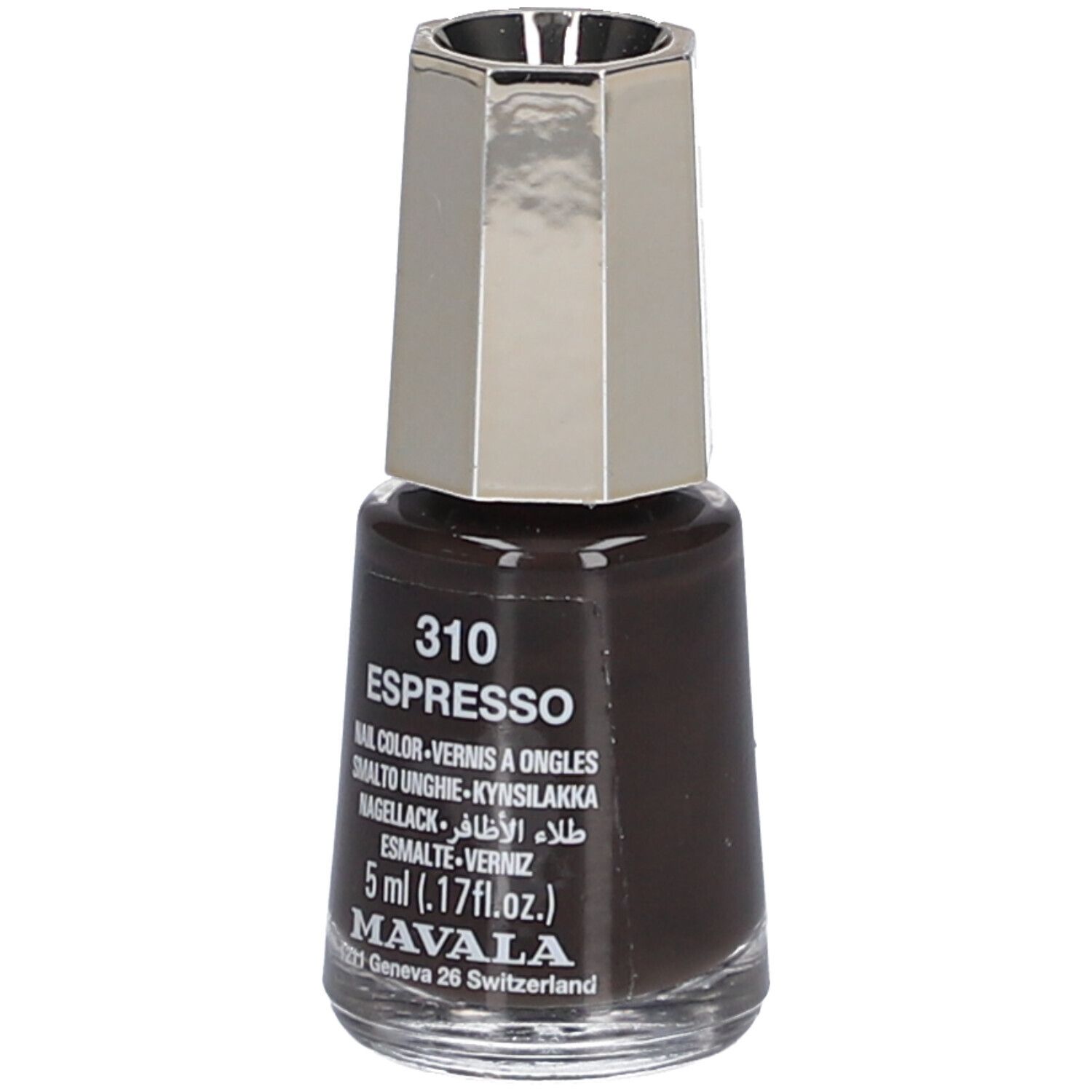 Nagellackflasche, braune Farbe, silberner Deckel. Aufschrift: 310 Espresso, 5 ml, Mavala.