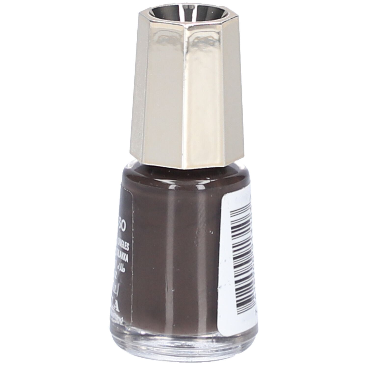 Nagellackflasche, braune Farbe, silberner Deckel. Aufkleber mit Text und Barcode.