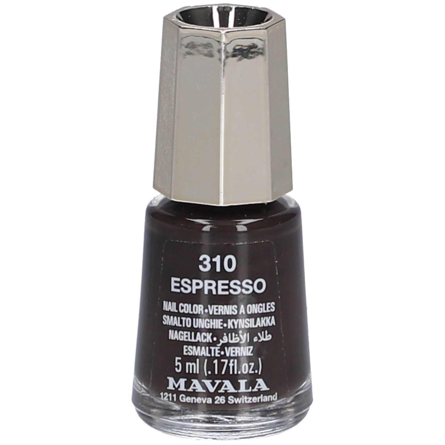 Nagellackflasche, braune Farbe, silberner Deckel. Aufschrift: 310 Espresso, 5 ml, Mavala.