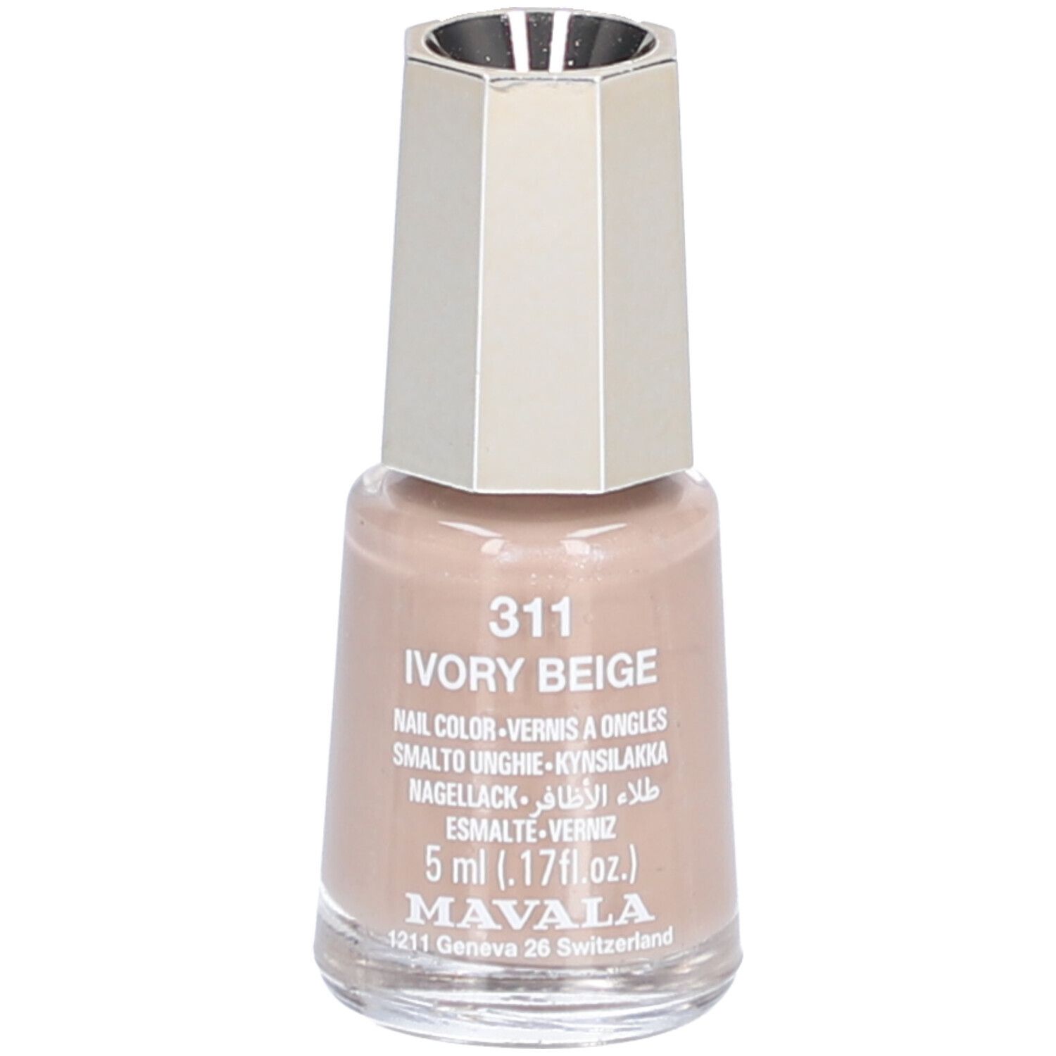 Nagellackflasche, Elfenbein-Beige. Mit silberfarbenem Deckel. Aufschrift: 311 Ivory Beige, 5 ml, Mavala.