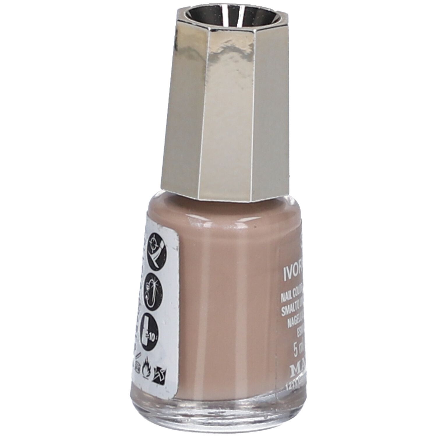Nagellackflasche, Elfenbein-Beige. Mit silberfarbenem Deckel. Auf der Seite Symbole und Text.