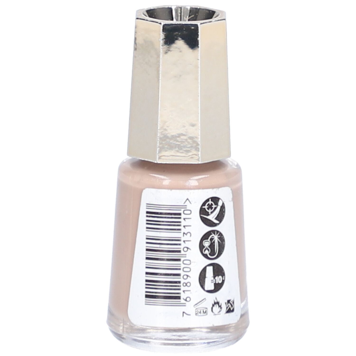 Nagellackflasche, Elfenbein-Beige. Mit silberfarbenem Deckel. Rückseite mit Barcode und Symbolen.
