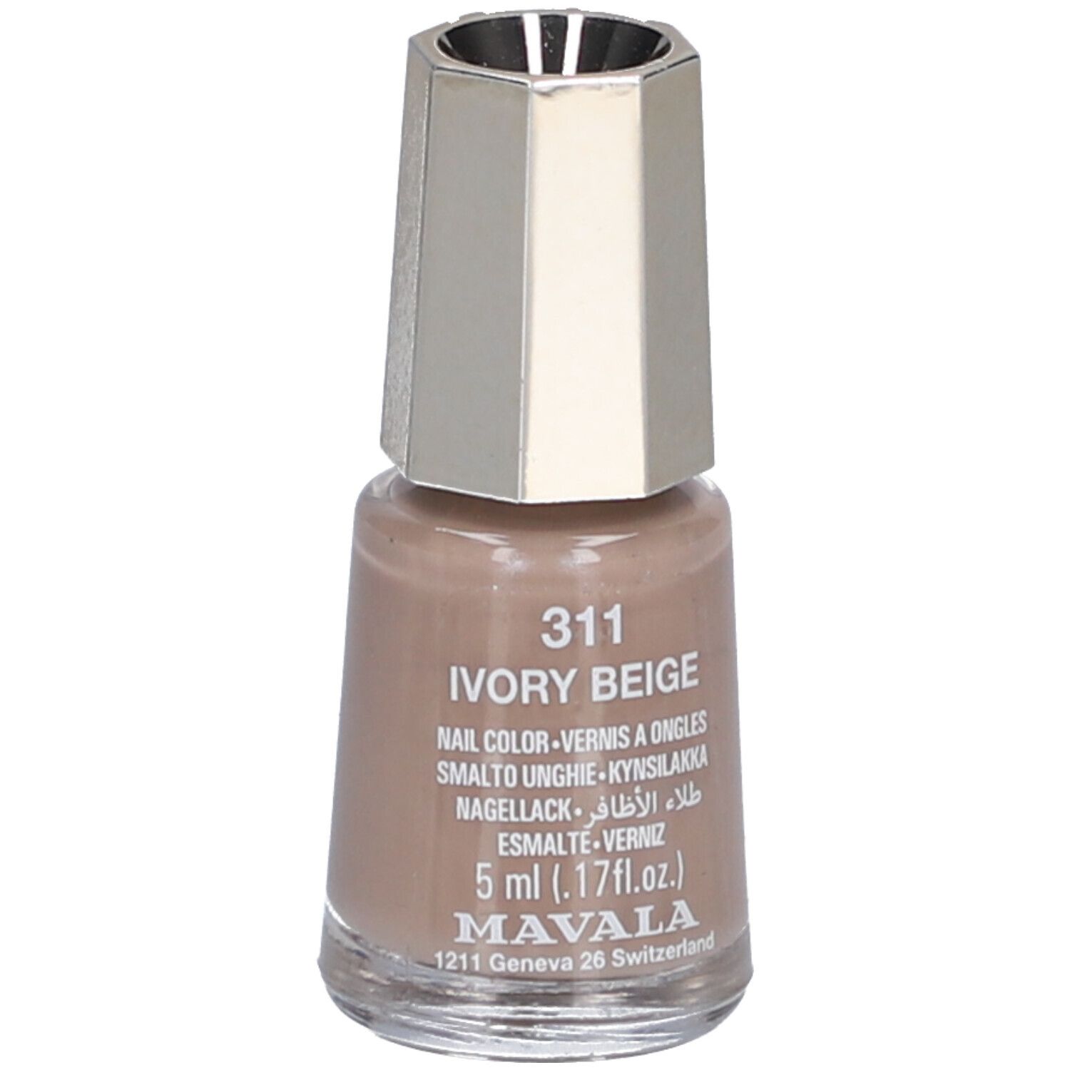 Nagellackflasche, Elfenbein-Beige. Mit silberfarbenem Deckel. Aufschrift: 311 Ivory Beige, 5 ml, Mavala.
