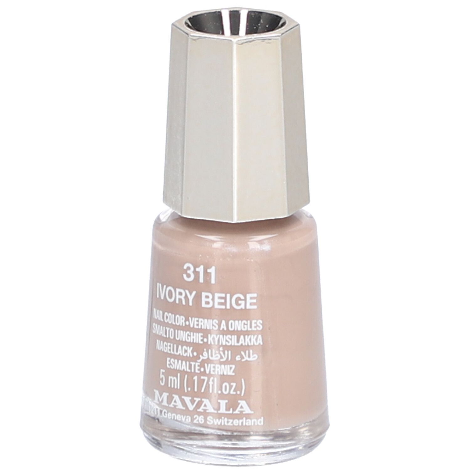 Nagellackflasche, Elfenbein-Beige. Mit silberfarbenem Deckel. Aufschrift: 311 Ivory Beige, 5 ml, Mavala.