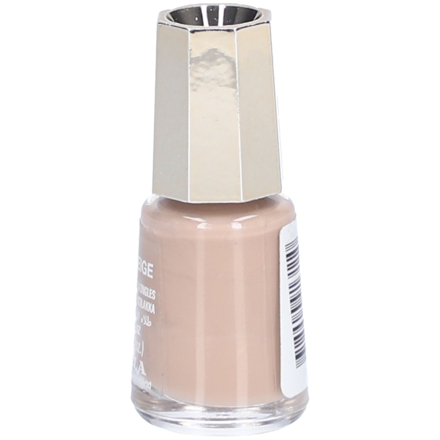 Nagellackflasche, Elfenbein-Beige. Mit silberfarbenem Deckel. Rückseite mit Barcode.