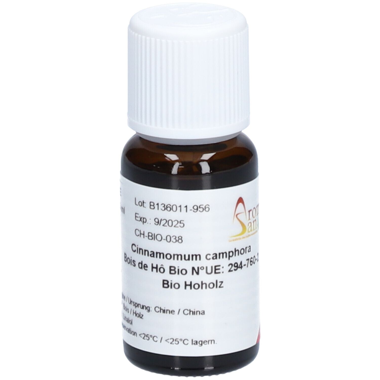 Braune Glasflasche mit weißem Deckel. Etikett mit Produktinformationen und dem Logo von Aromasan. Text: Cinnamomum camphora, Bio Hoholz.