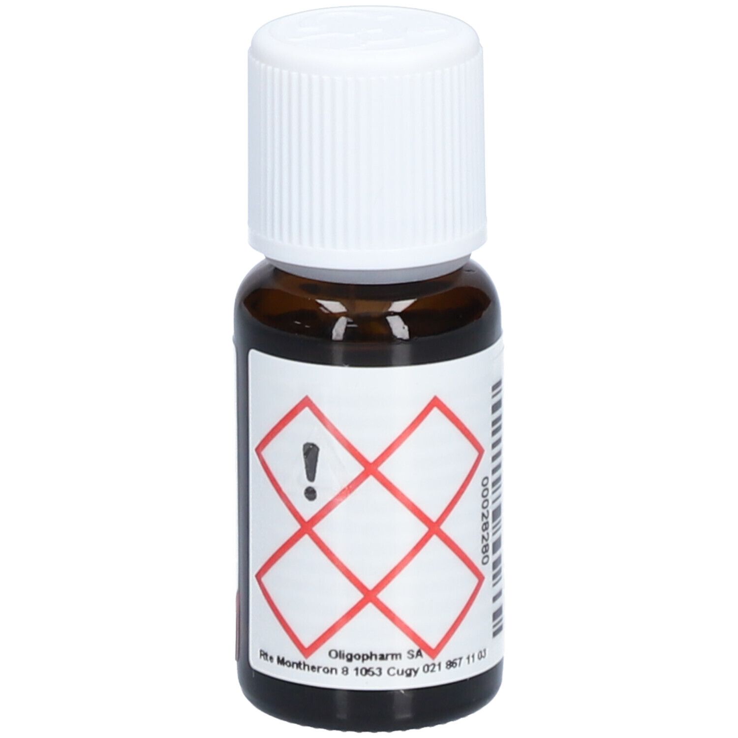 Braune Glasflasche mit weißem Deckel. Etikett mit Gefahrensymbol. Herstelleradresse: Oligopharm SA. Text: Cinnamomum camphora, Bio Hoholz.