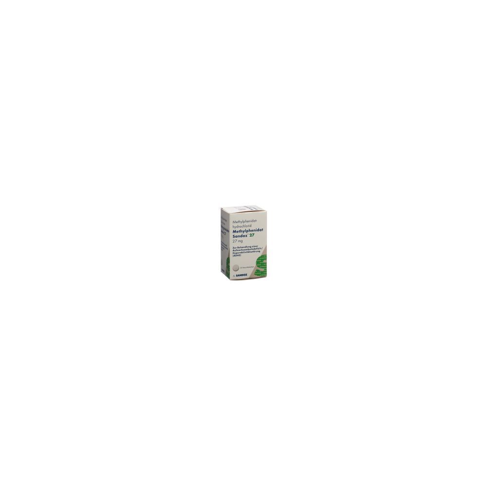 Karton mit Produktinformationen. Aufschrift: Methylphenidat Sandoz Ret Tabl 27 mg Ds 30 Stk. Grün-weiße Verpackung.