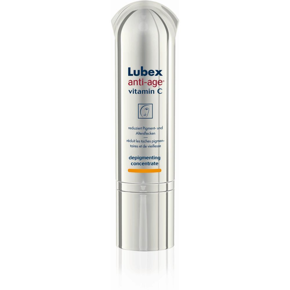 Silberne Tube mit "Lubex anti-age vitamin C"-Aufdruck. Reduziert Pigment- und Altersflecken. Konzentrat.