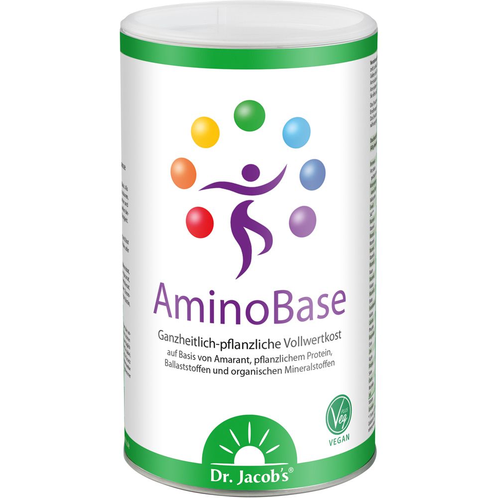 Zylinderdose mit weißem Deckel und grünem Rand. Aufschrift: AminoBase, Dr. Jacob's. Vegan-Siegel.
