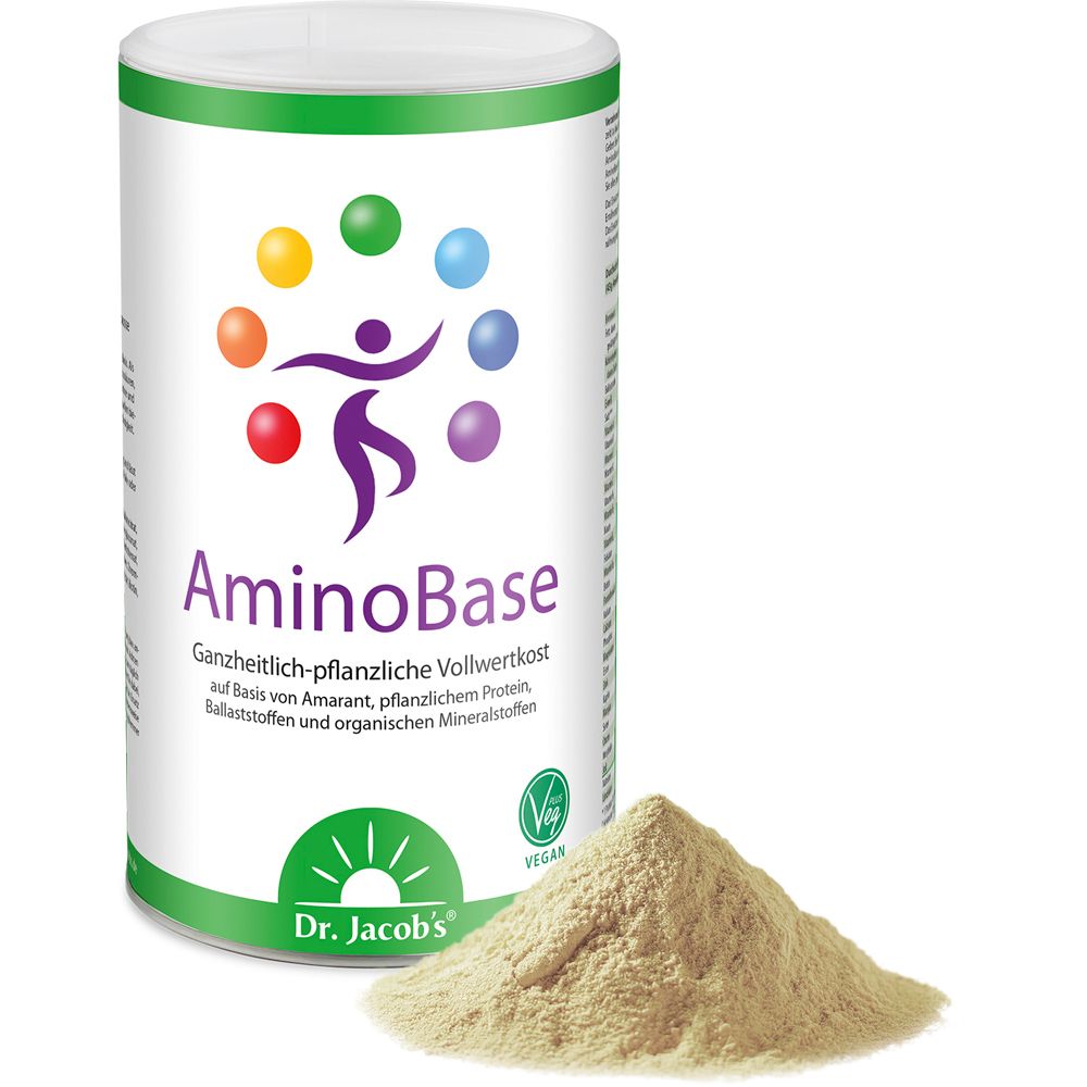 Zylinderdose mit weißem Deckel und grünem Rand. Daneben Pulver. Aufschrift: AminoBase, Dr. Jacob's. Vegan-Siegel.