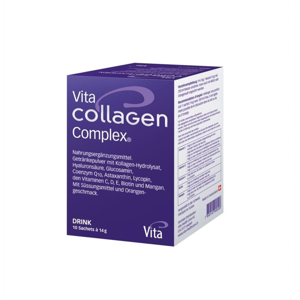 Dunkelblaue Schachtel mit "Vita Collagen Complex®"-Logo. Enthält 10 Sachets. Text in Deutsch.