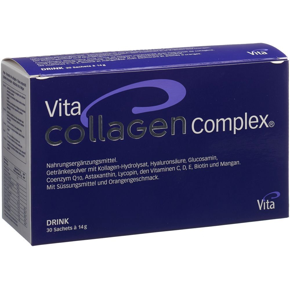 Boîte bleu foncé avec 'Vita Collagen Complex®'. Contient 30 sachets. Goût orange. Logo Vita.