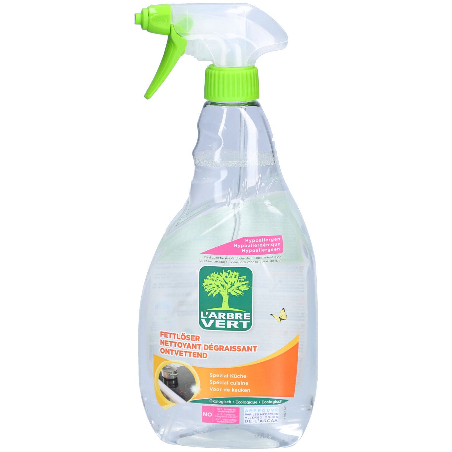 Flacon pulvérisateur avec tête verte. Étiquette avec logo et texte. Dégraissant.
