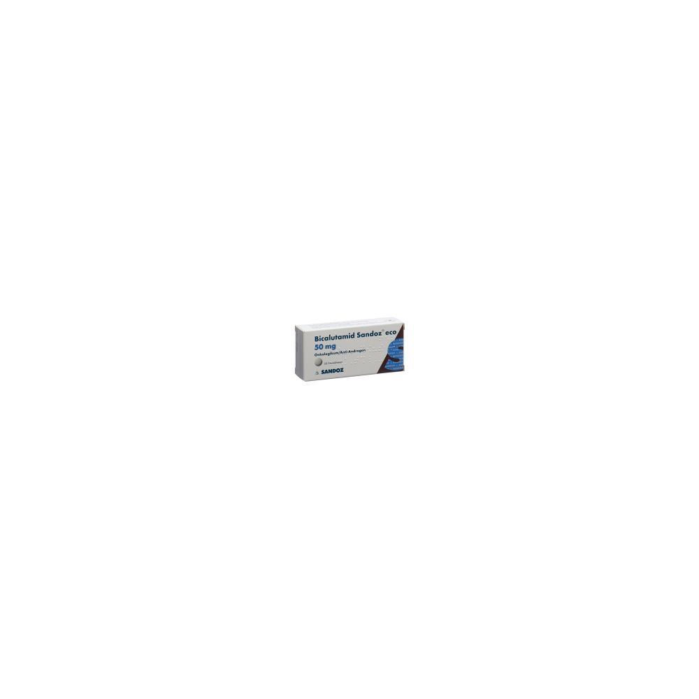 Karton von Bicalutamid Sandoz eco Filmtabl. 50 mg. Aufschrift: 30 Stk. Marke Sandoz. Weiß, blau und grau.