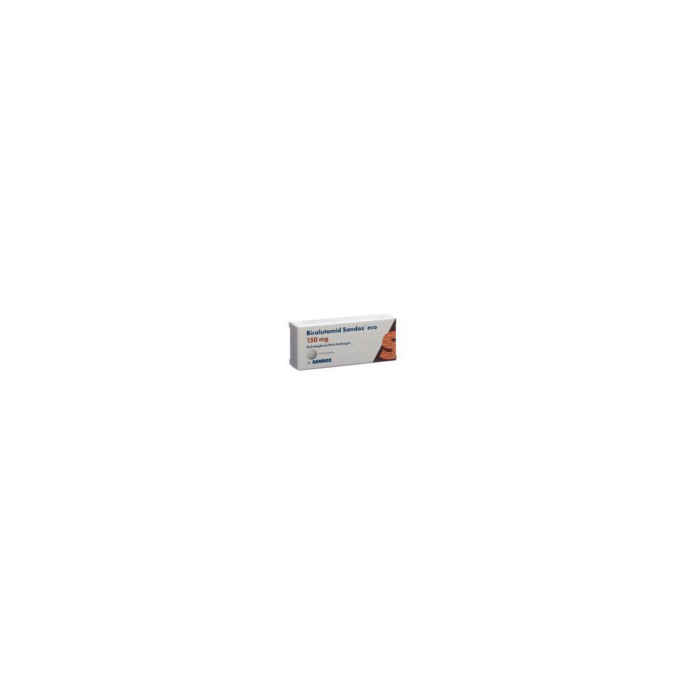 Karton Bicalutamid Sandoz eco Filmtabl 150 mg. Aufschrift: Sandoz, 150 mg. Verpackung mit weißem Hintergrund.
