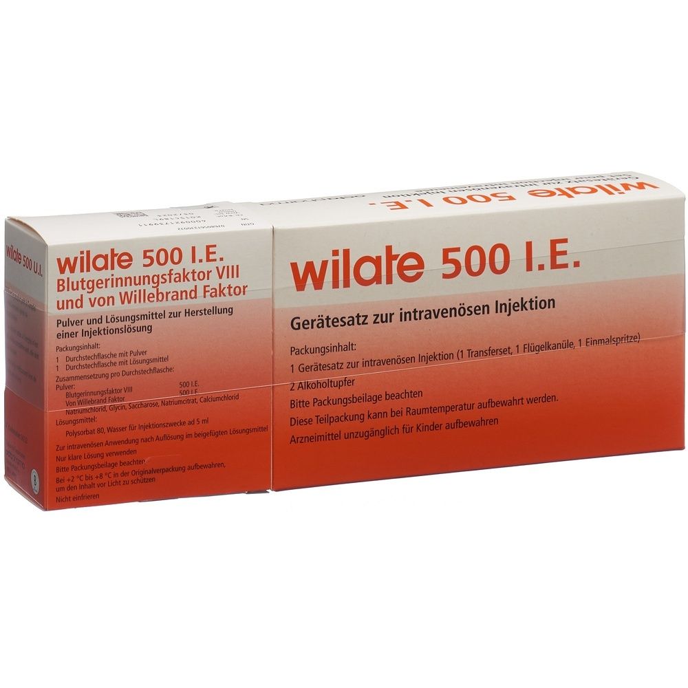 Verpackung von Wilate 500 I.E. mit Text in Deutsch. Enthält Gerätesatz zur intravenösen Injektion. Weiß-rotes Design.