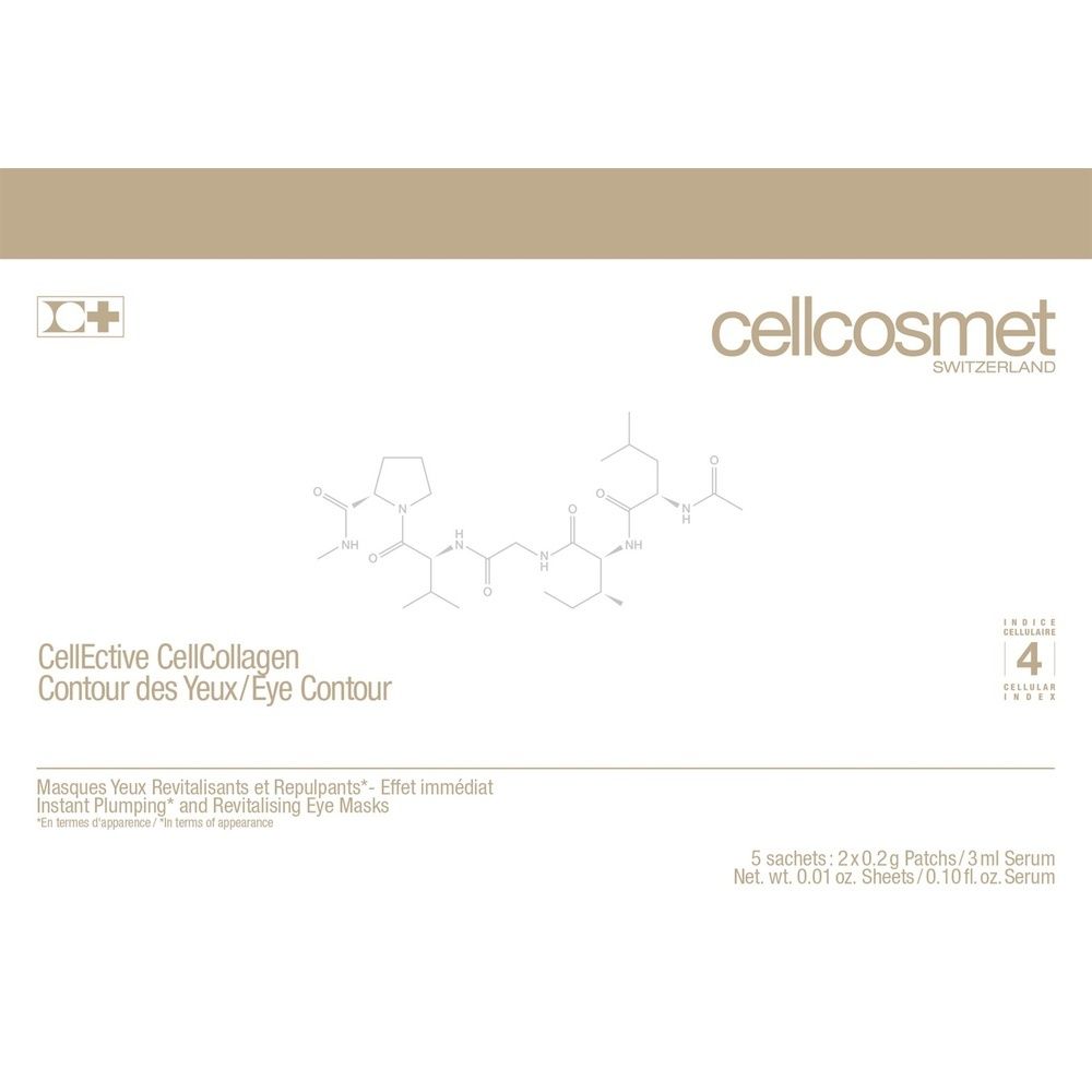 Emballage Cellcosmet Cellective Eye Mask. Blanc avec accents bruns. Texte: Cellcosmet, CellEctive CellCollagen, Contour des Yeux/Eye Contour.