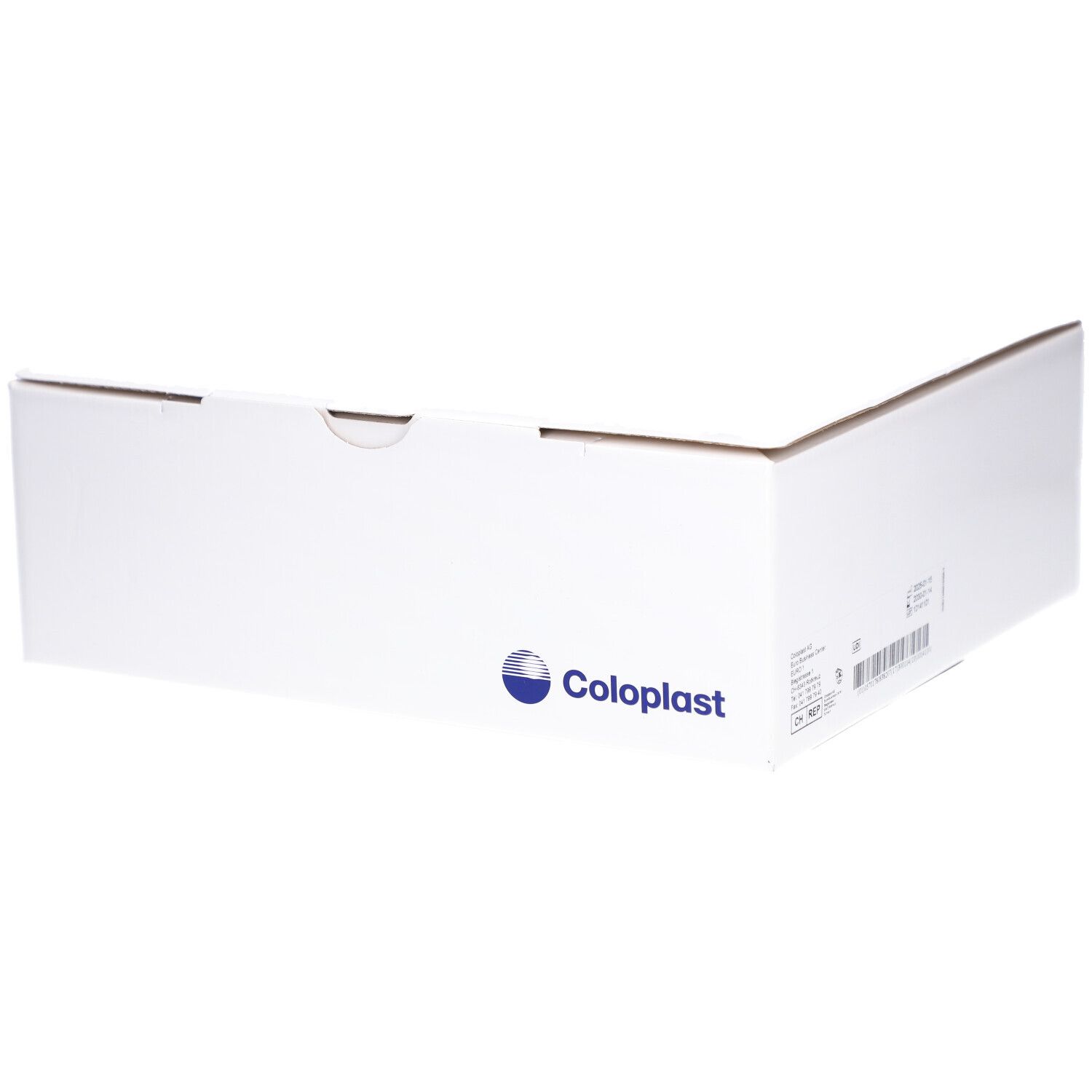 Weiße Kartonverpackung mit Coloplast-Logo. Auf der Verpackung sind Produktinformationen und ein Barcode abgebildet.