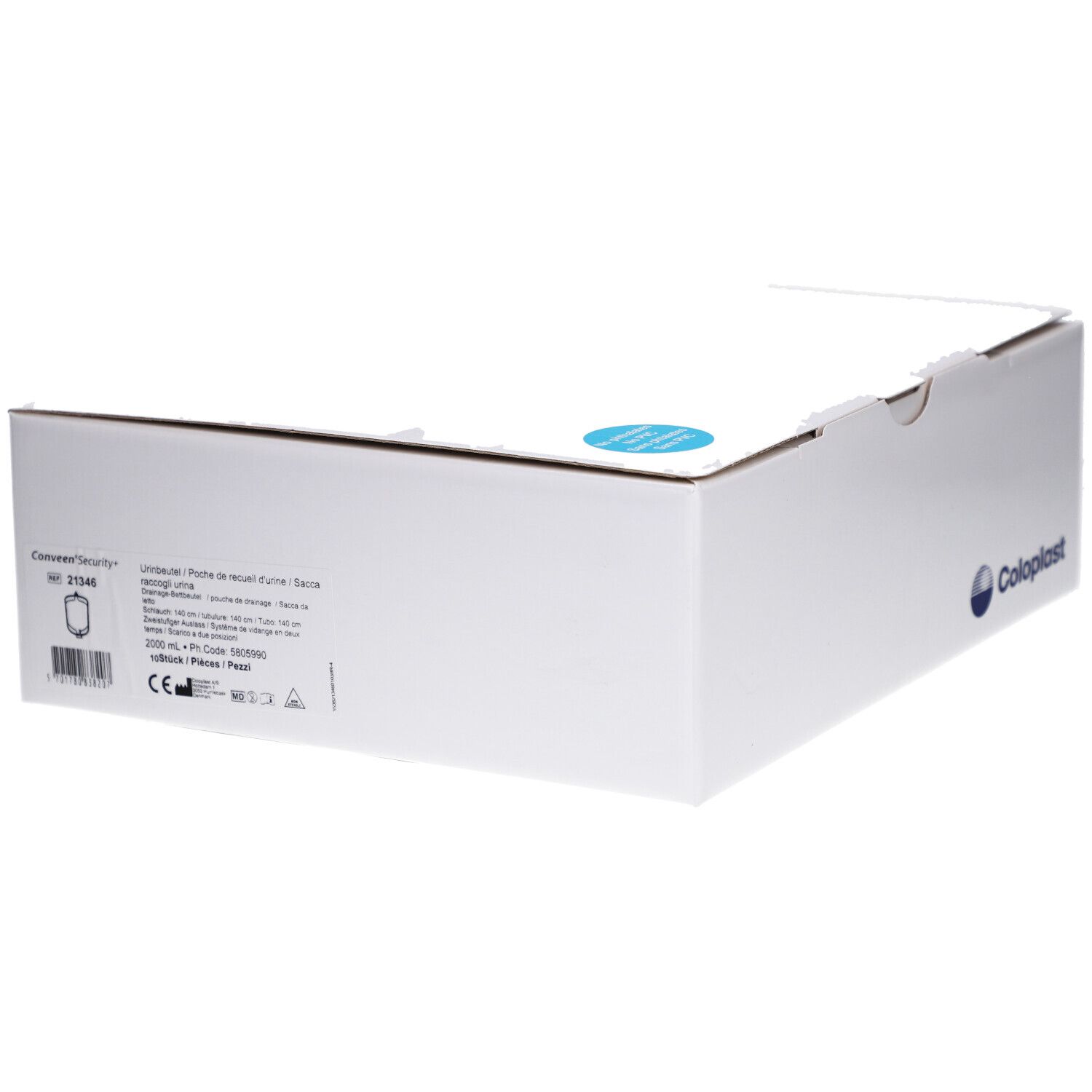 Weiße Kartonverpackung mit Coloplast-Logo und Produktinformationen. Ein blauer Aufkleber befindet sich auf der Oberseite.