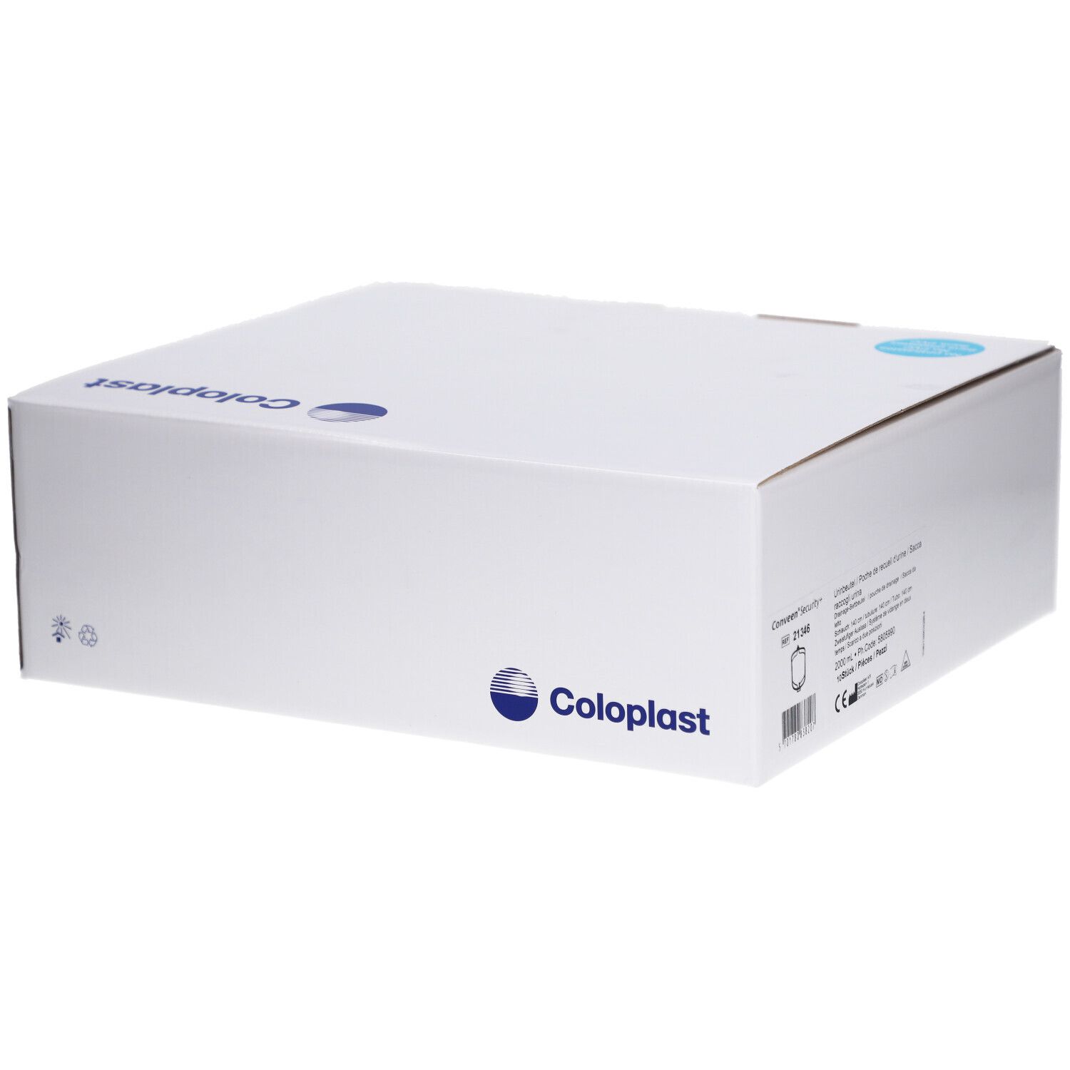 Weiße Kartonverpackung mit Coloplast-Logo und Produktinformationen. Ein blauer Aufkleber befindet sich auf der Oberseite.