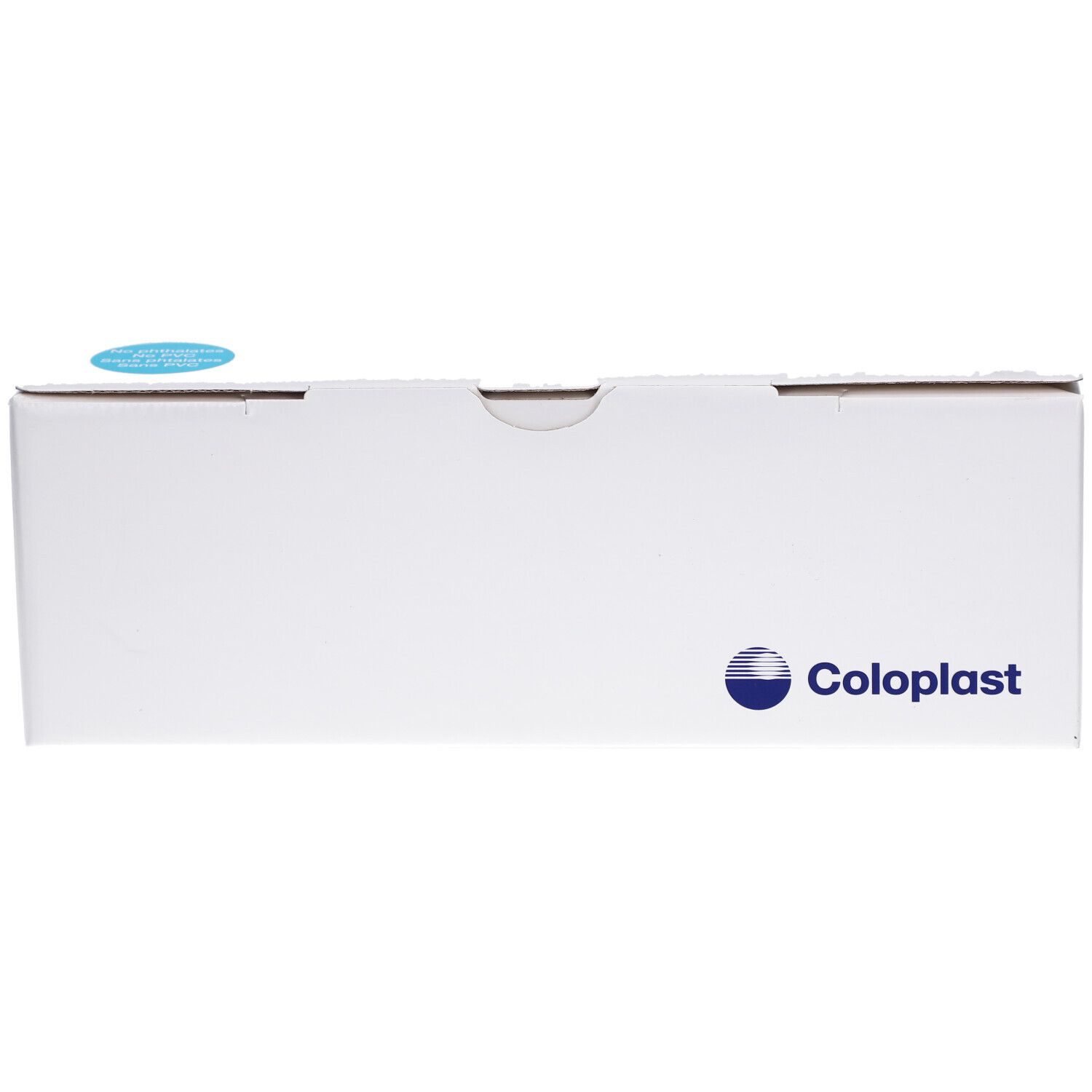 Weiße Kartonverpackung mit Coloplast-Logo. Ein blauer Aufkleber befindet sich auf der Oberseite.