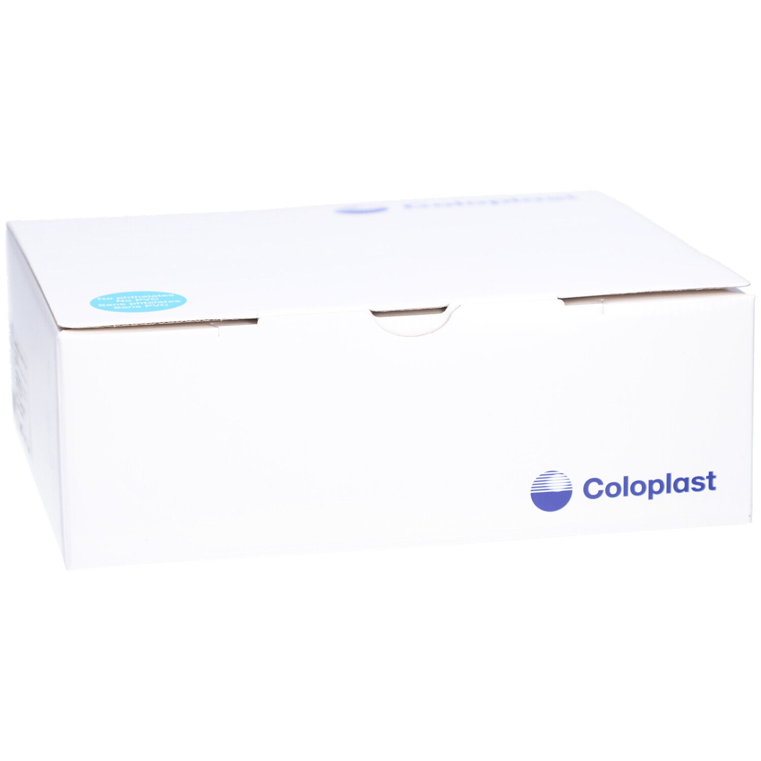 Weiße Kartonverpackung mit Coloplast-Logo. Ein blauer Aufkleber befindet sich auf der Oberseite.
