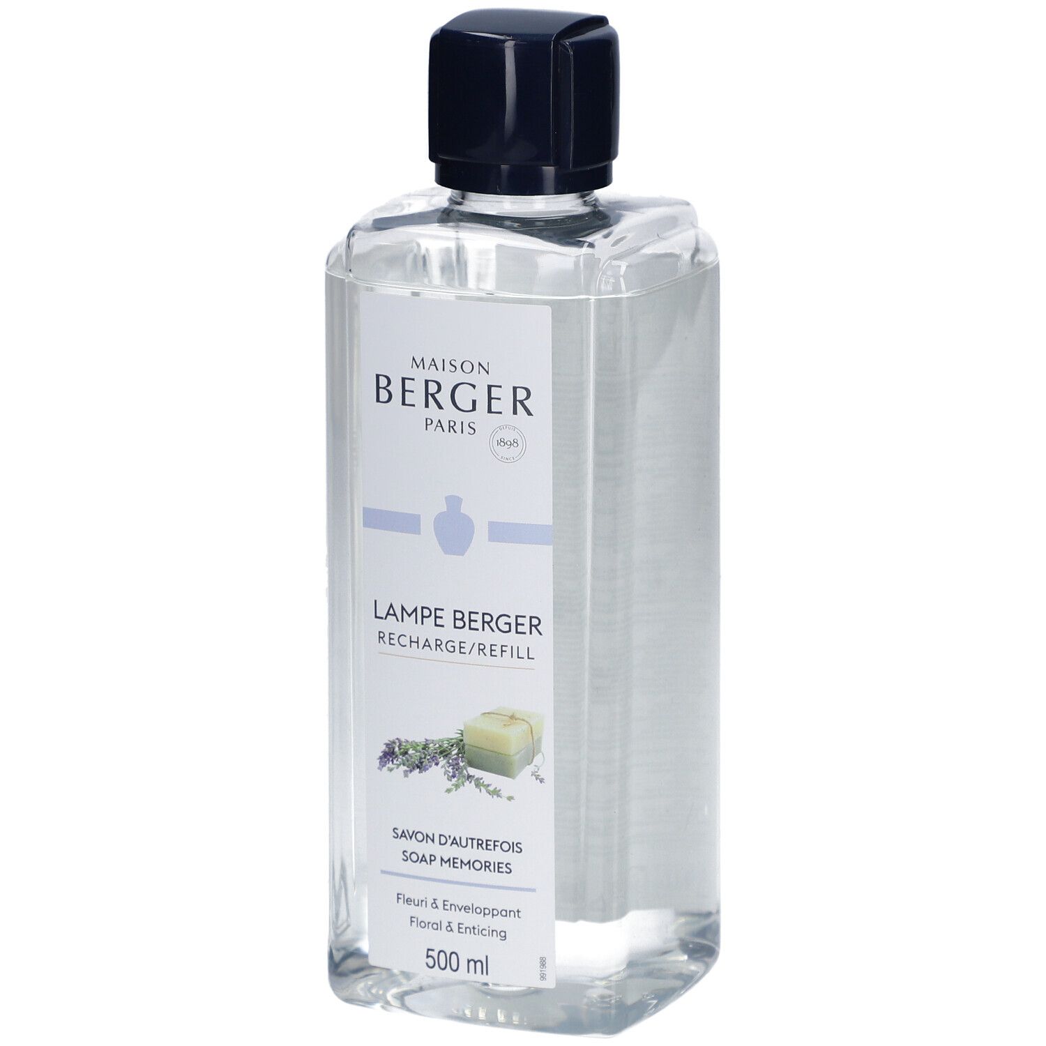Lampe Berger Nachfüllflasche. Klar, quadratisch, mit schwarzem Deckel. Etikett mit Produktnamen und floralem Motiv.