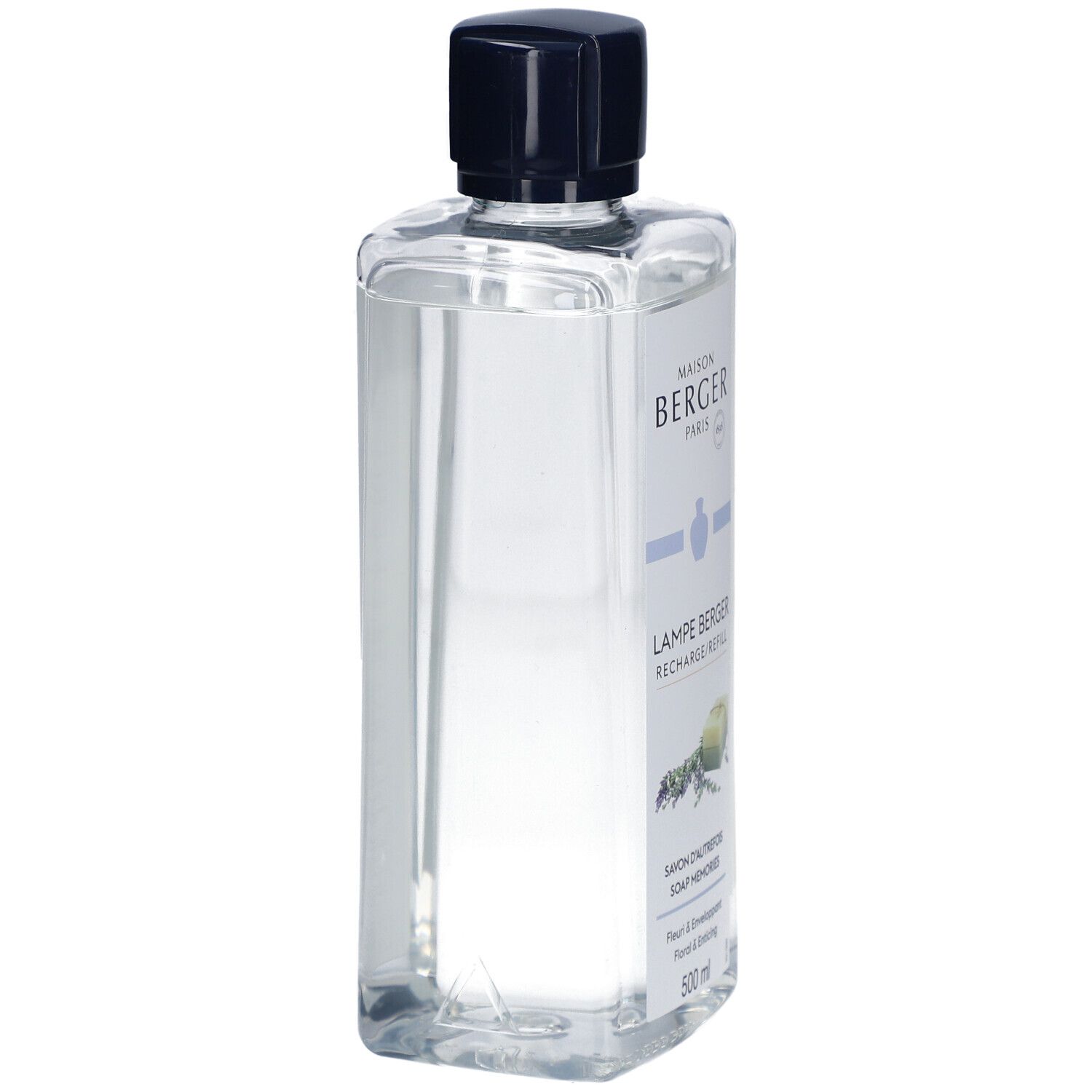 Lampe Berger Nachfüllflasche. Klar, quadratisch, schwarzer Deckel. Etikett mit Produktnamen und floralem Motiv.
