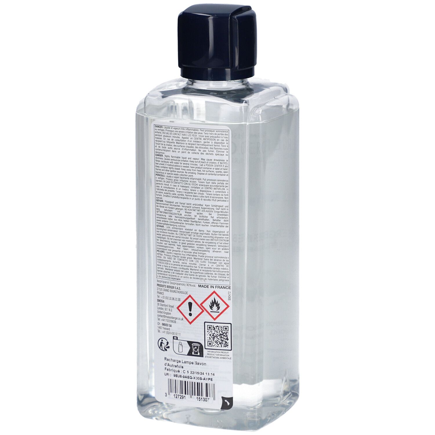 Rückseite der Lampe Berger Nachfüllflasche. Klar, quadratisch, schwarzer Deckel. Text und Piktogramme.