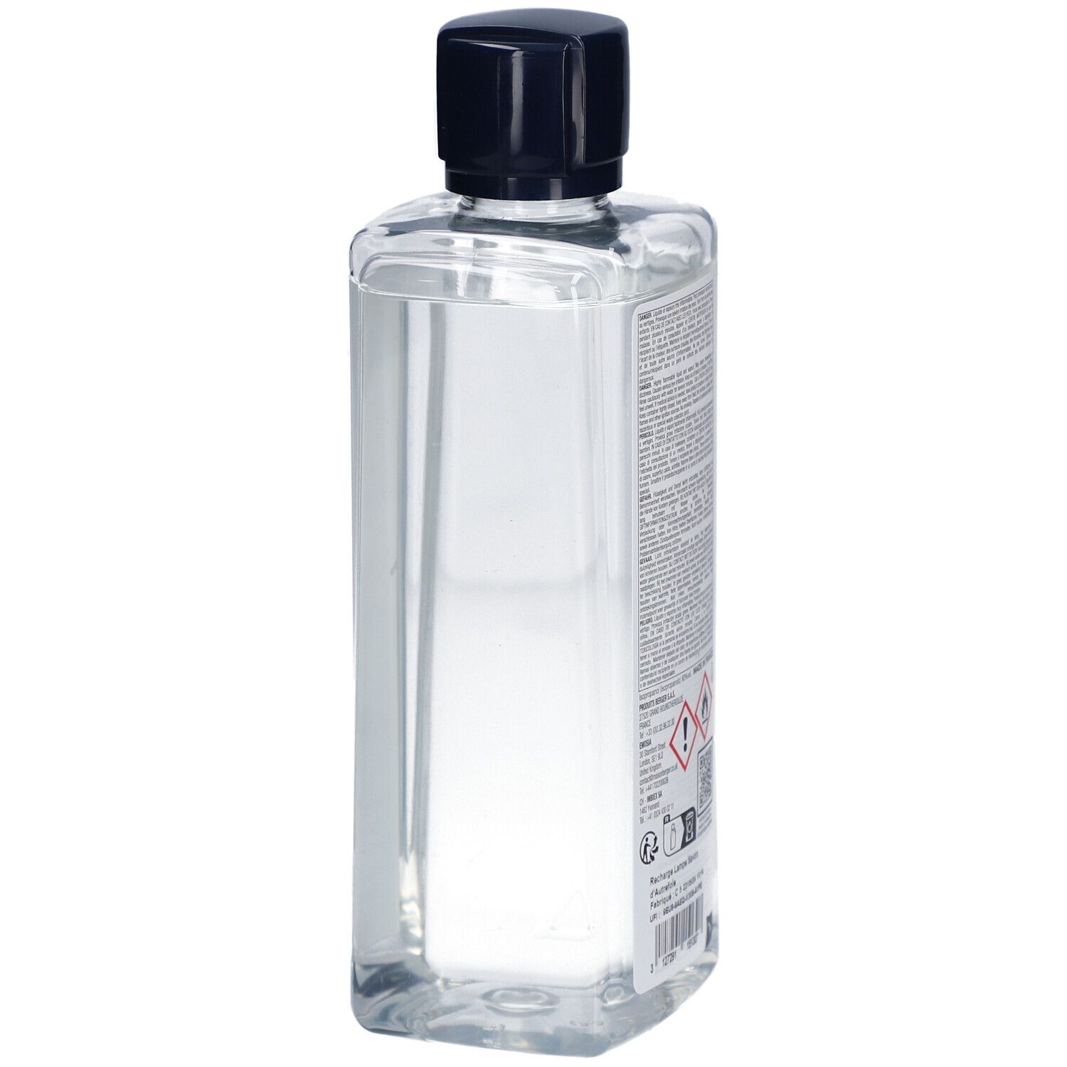 Rückseite der Lampe Berger Nachfüllflasche. Klar, quadratisch, schwarzer Deckel. Text und Piktogramme.