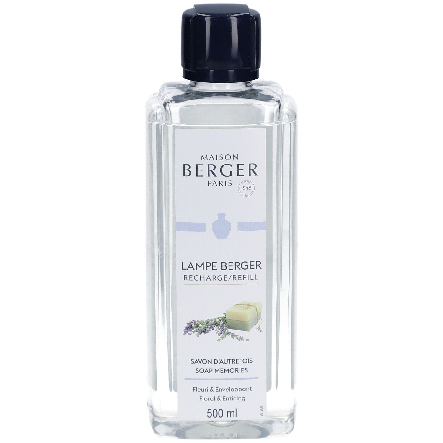 Lampe Berger Nachfüllflasche. Klar, quadratisch, mit schwarzem Deckel. Etikett mit Produktnamen und floralem Motiv.