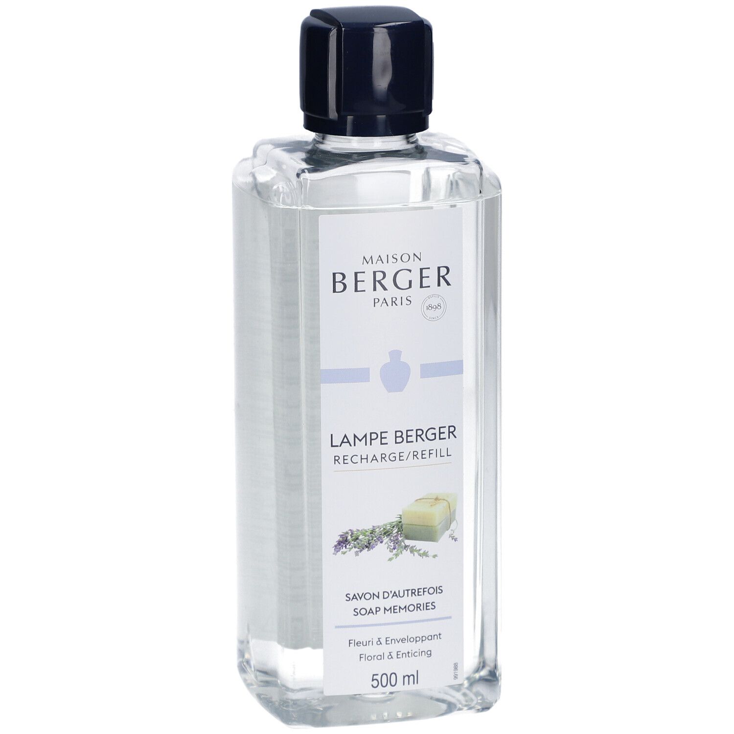Lampe Berger Nachfüllflasche. Klar, quadratisch, mit schwarzem Deckel. Etikett mit Produktnamen und floralem Motiv.