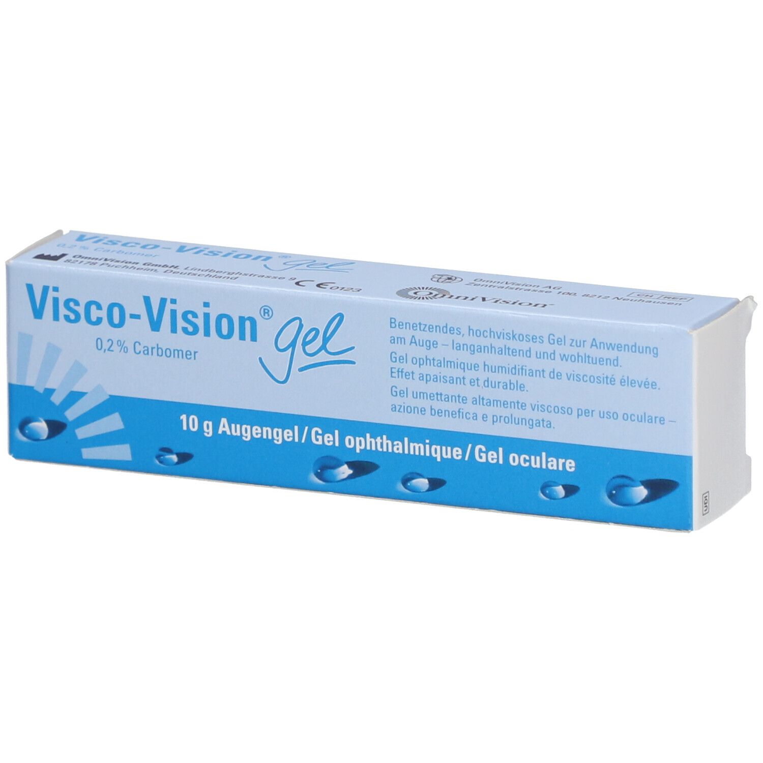 Karton mit Visco-Vision Gel. Blaue und weiße Verpackung. Enthält 10 g Augengel.