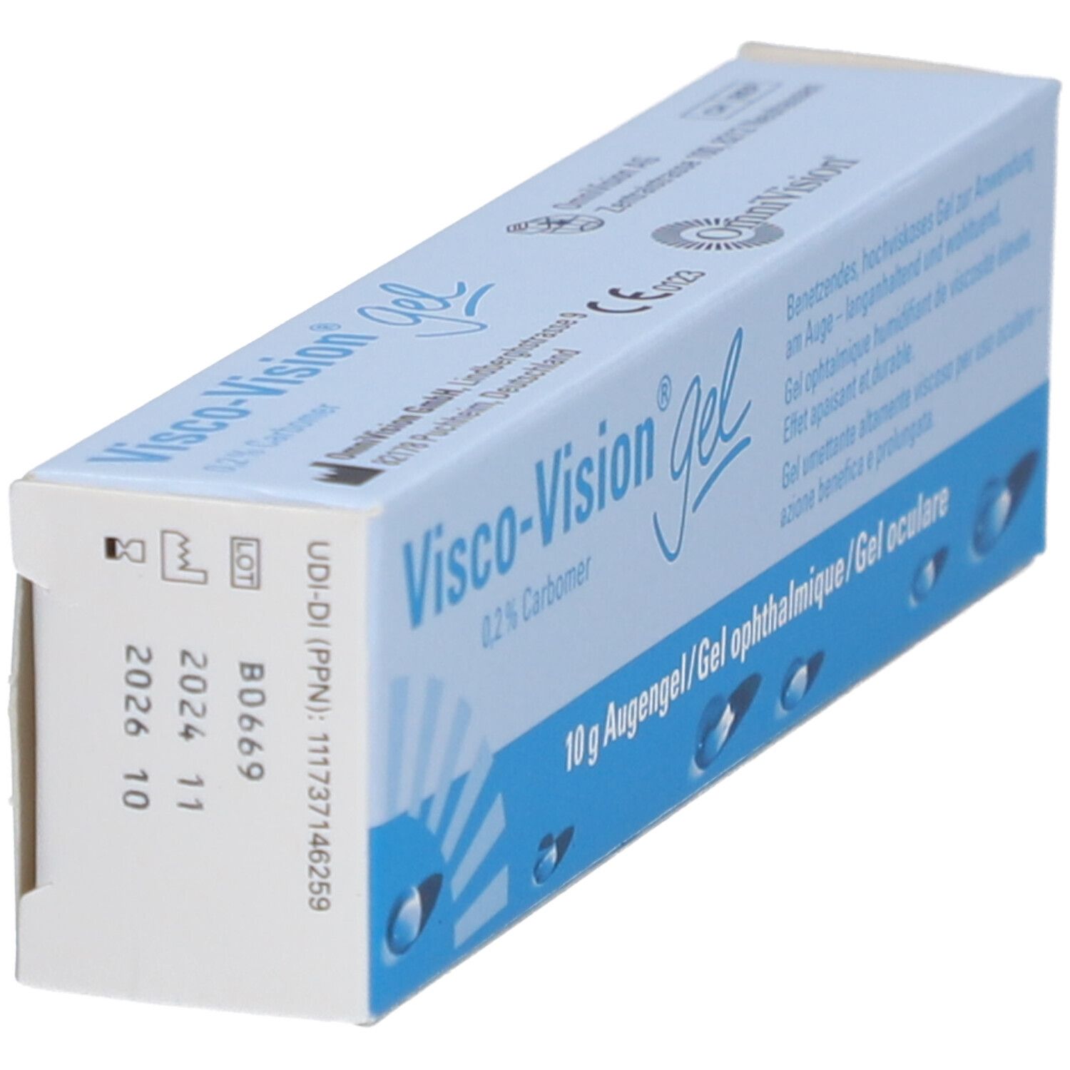 Visco-Vision Gel-Verpackung. Blaue und weiße Schachtel. Zeigt Chargennummer und Verfallsdatum.