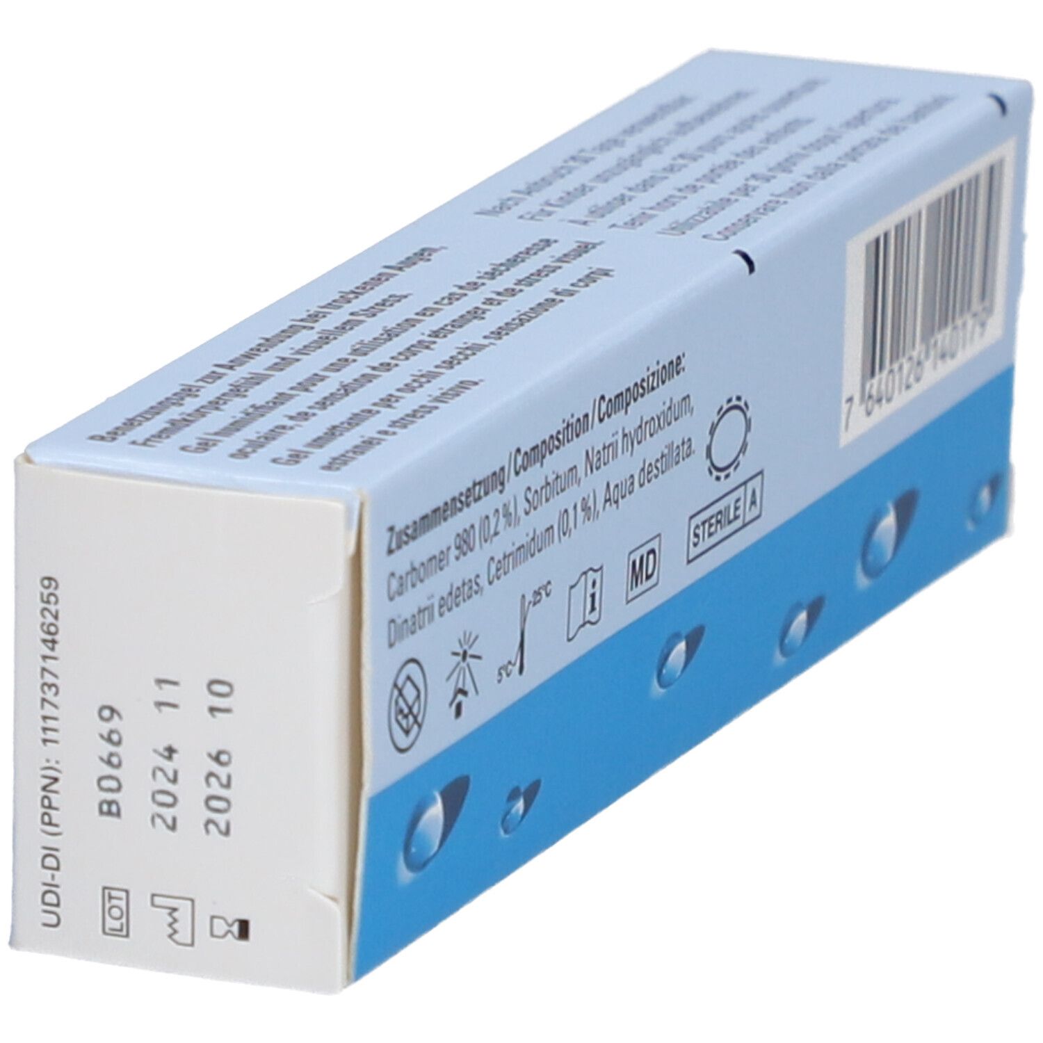 Rückseite der Visco-Vision Gel-Verpackung. Enthält Inhaltsstoffe, Barcode und Verfallsdatum.